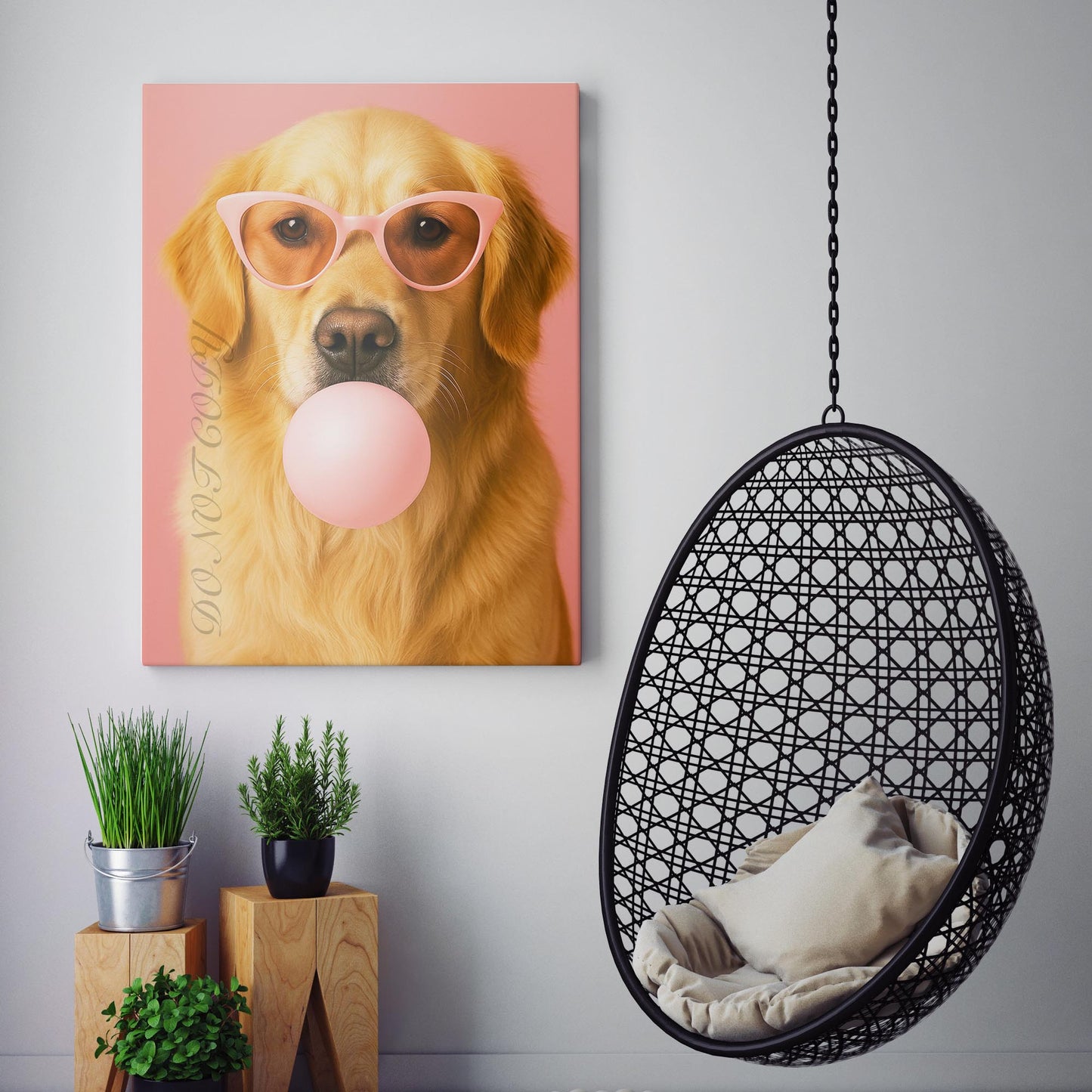 Golden Retriever Pink Sunglasses Blowing Bubble Gum
