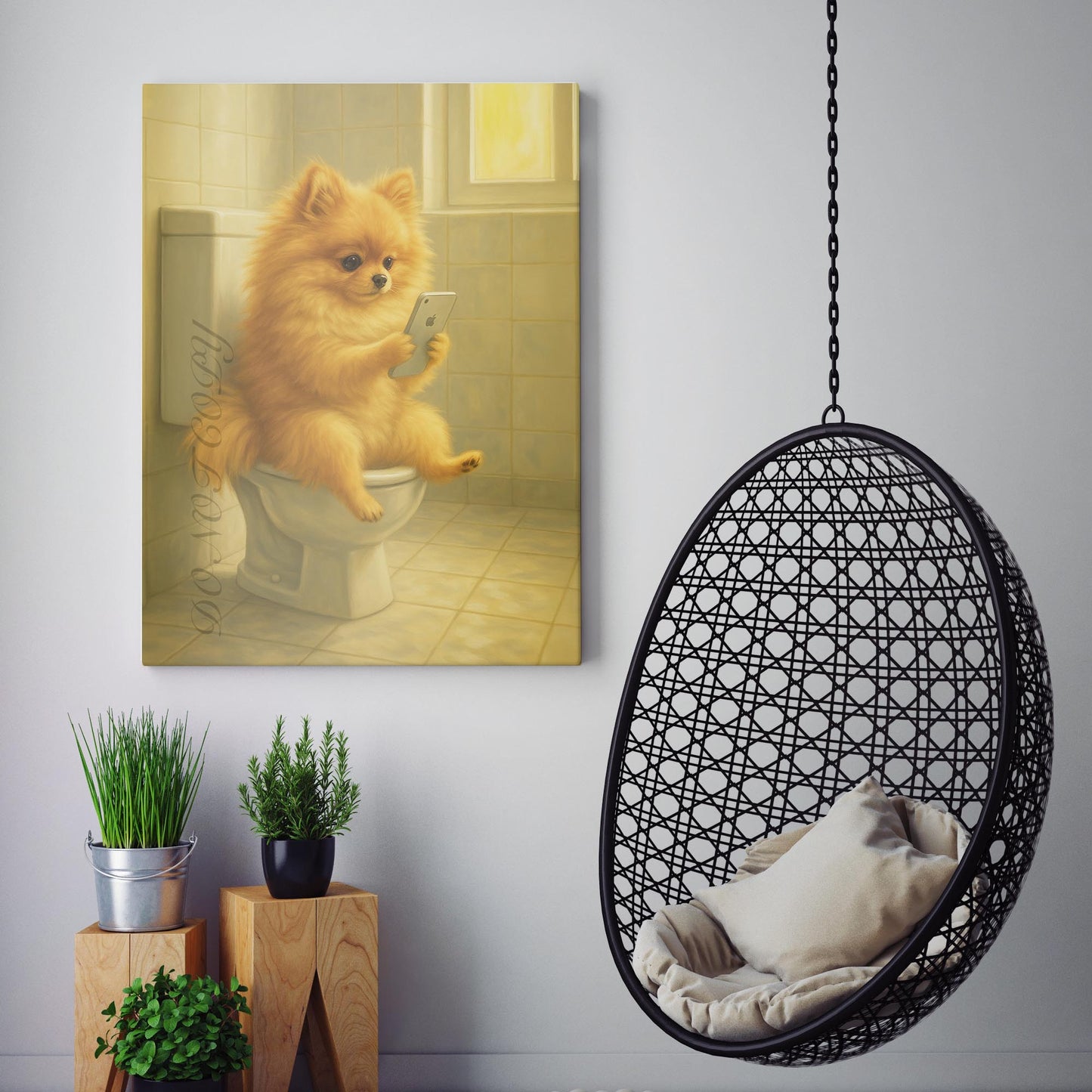 Pomeranian Dog On The Phone On The Toilet