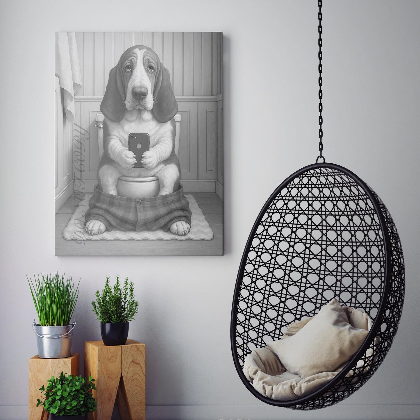 Basset Hound Dog On The Phone On The Toilet