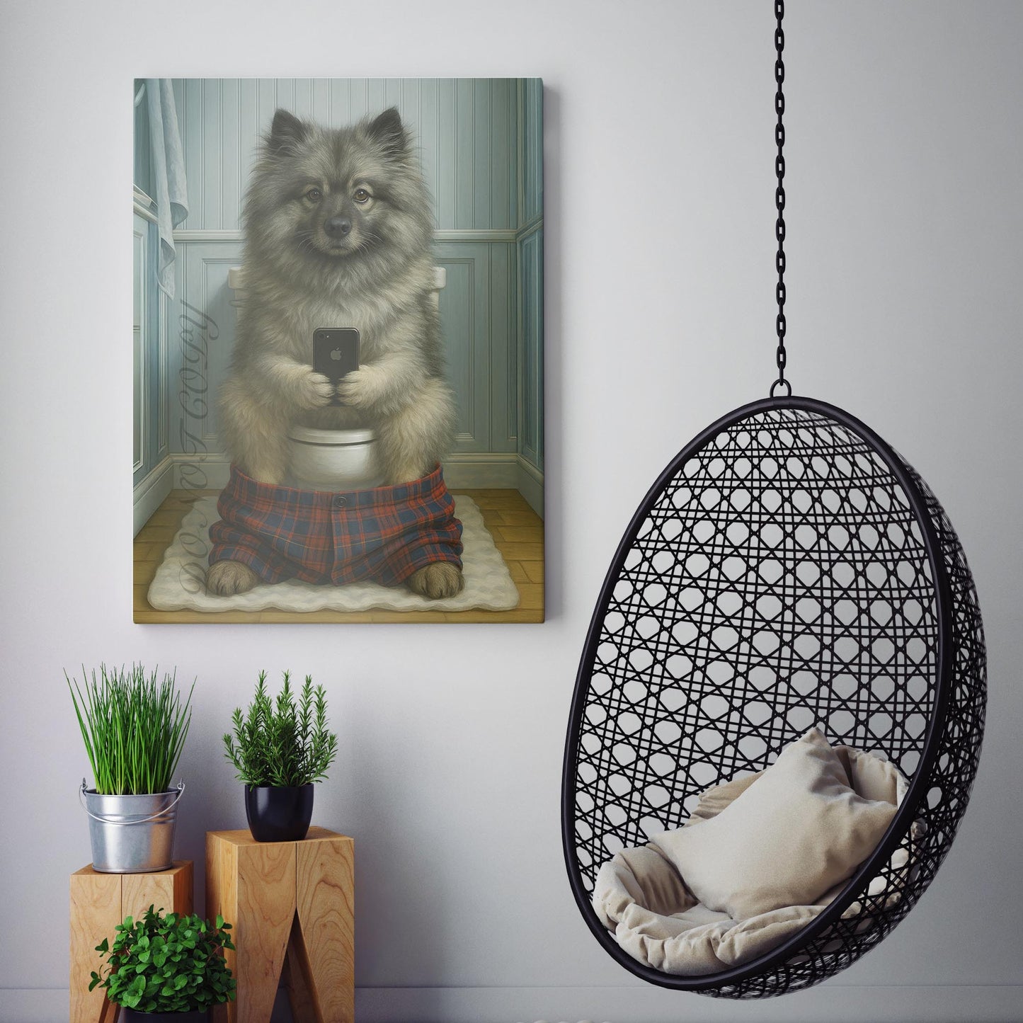 Keeshond Dog On The Phone On The Toilet