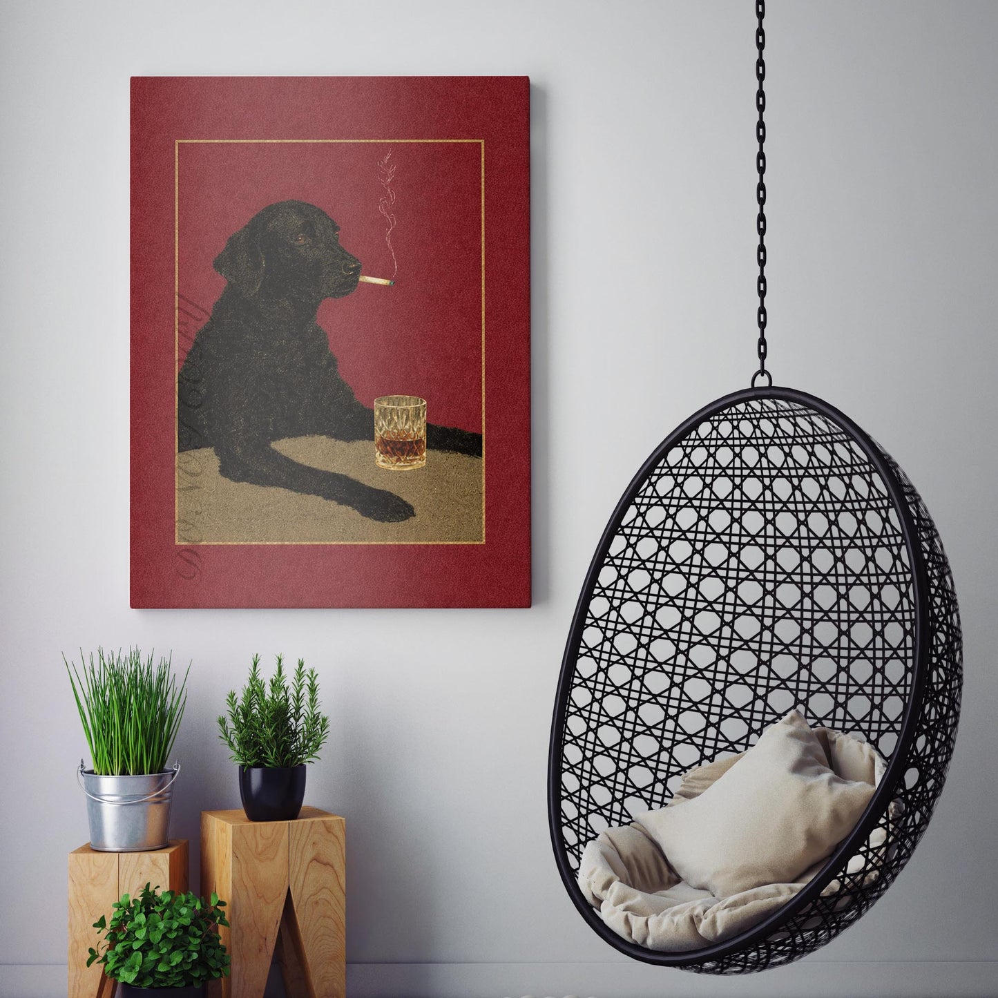 Black Labrador Retriever With A Cigarette & A Drink