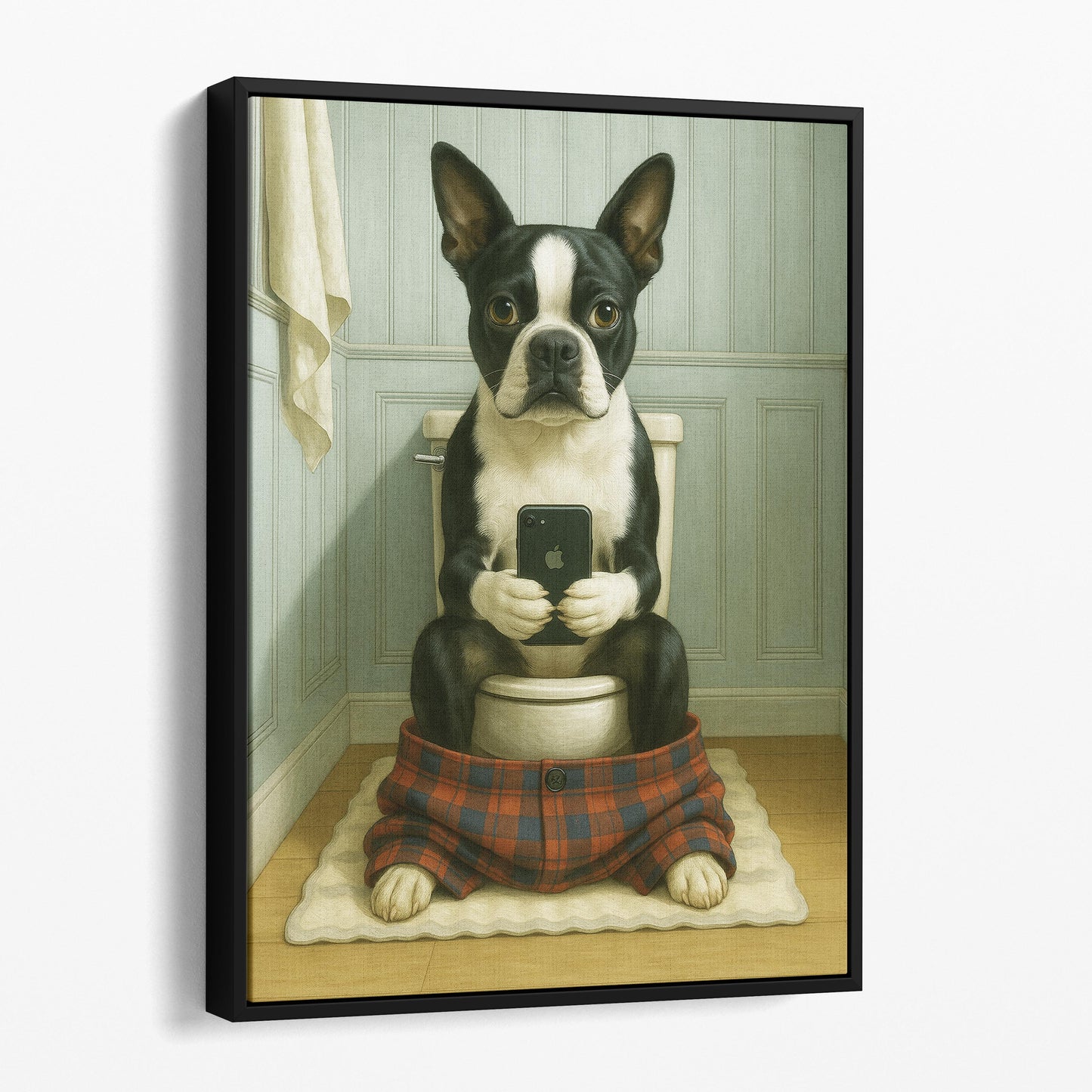 Boston Terrier Dog On The Phone On The Toilet