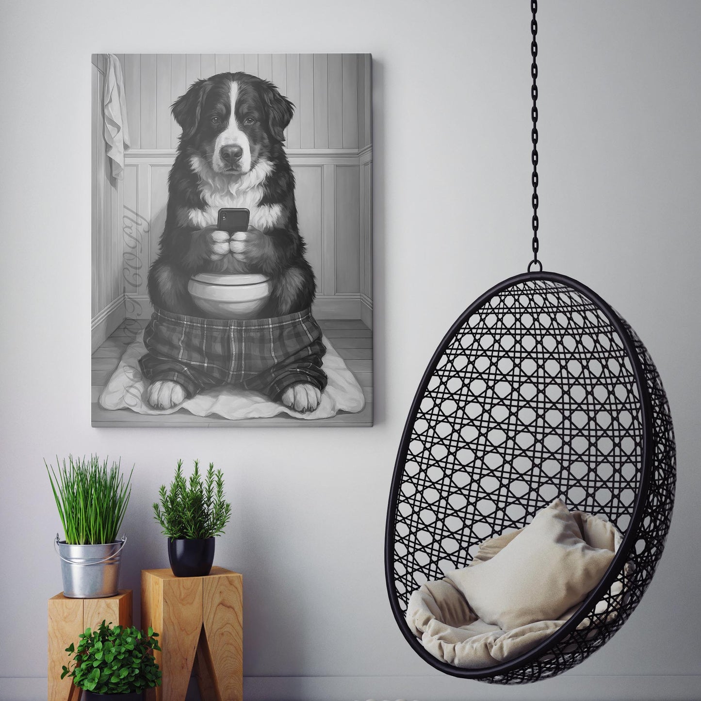 Bernese Mountain Dog On The Phone On The Toilet