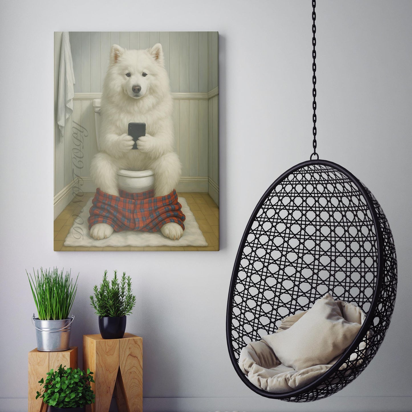 Samoyed Dog On The Phone On The Toilet