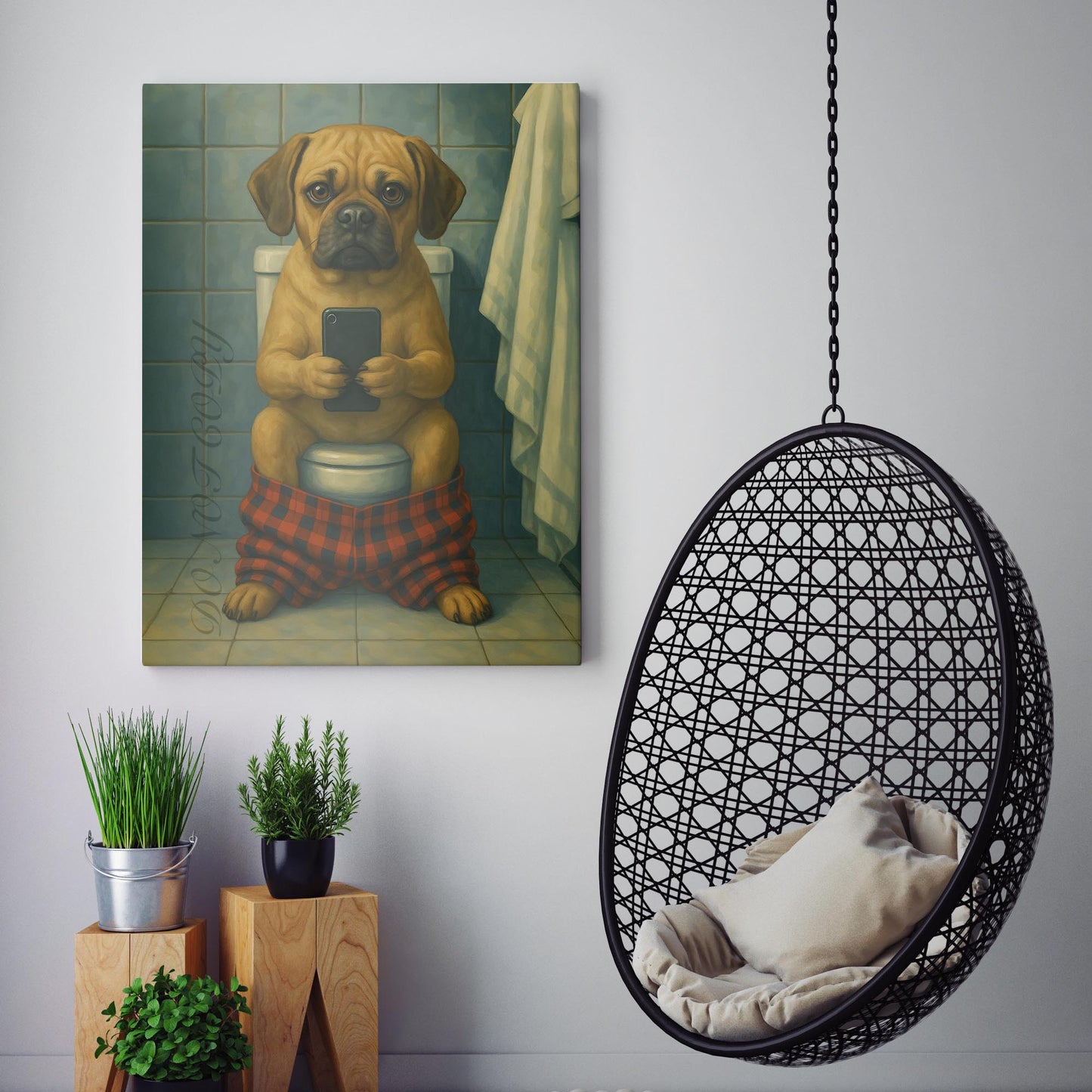 Puggle Dog On The Phone On The Toilet