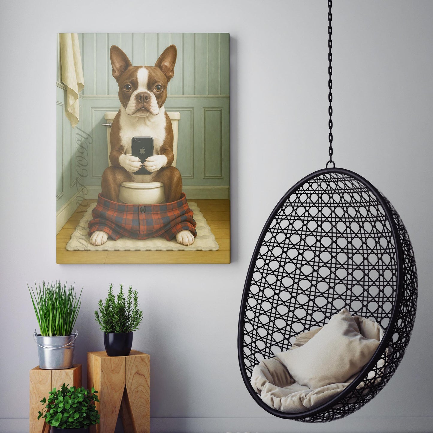 Boston Terrier On The Phone On The Toilet
