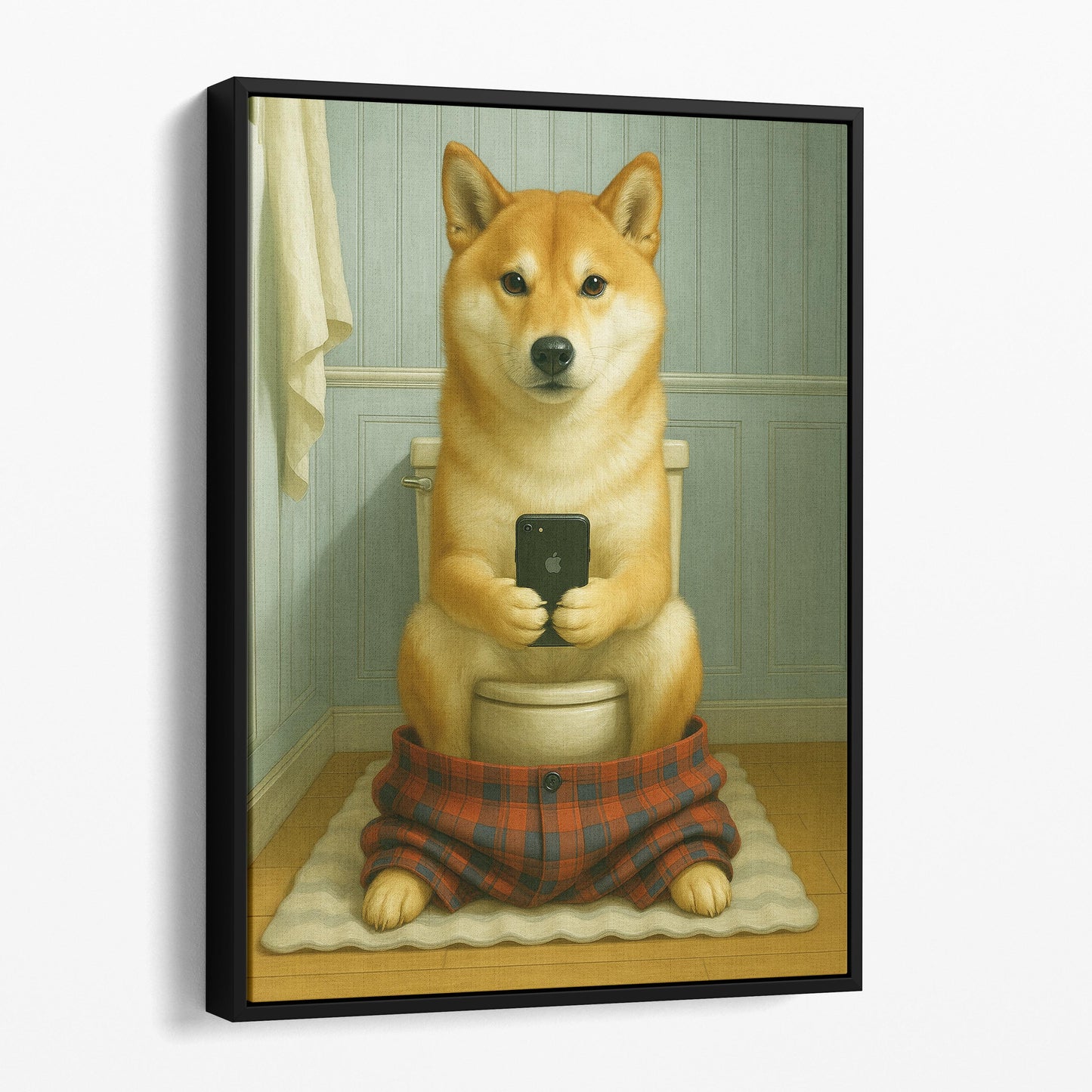 Shiba Inu Dog On The Phone On The Toilet