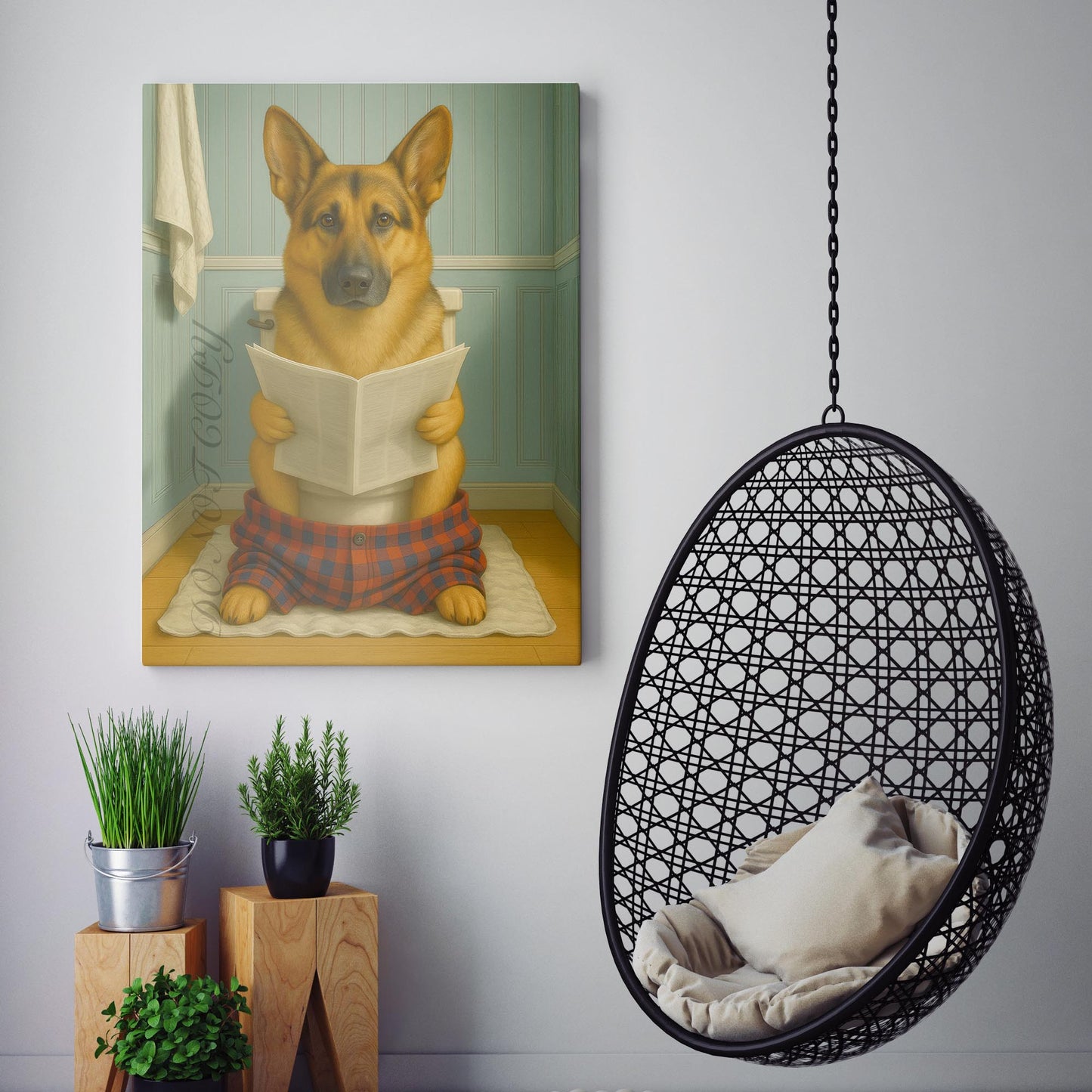 German Shepherd Dog Reading A Newspaper On The Toilet