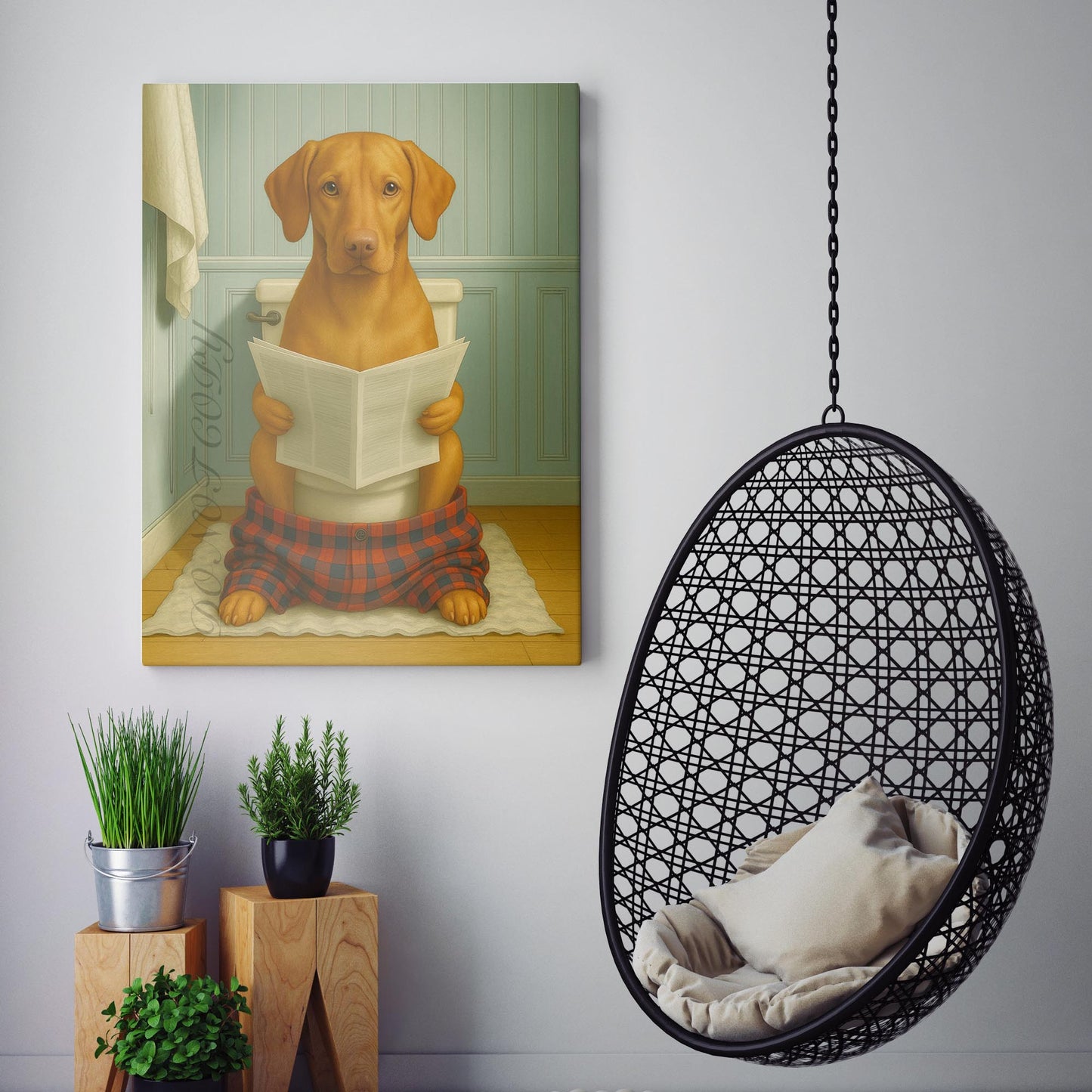 Vizsla Dog Reading The Newspaper On The Toilet