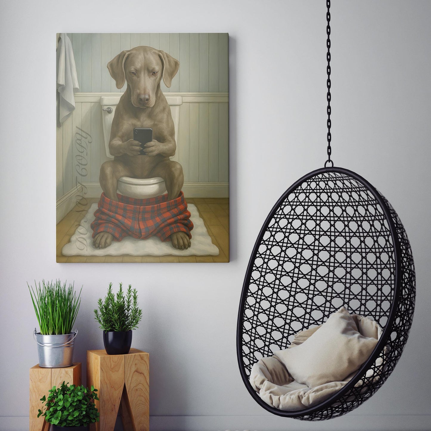 Weimaraner Dog On The Phone On The Toilet