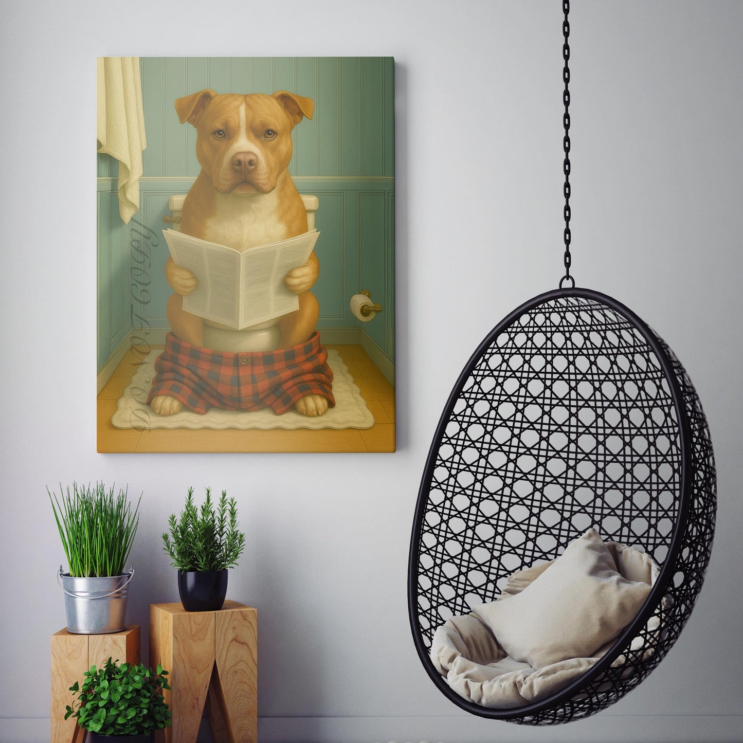 Pit Bull Dog Reading The Newspaper On The Toilet