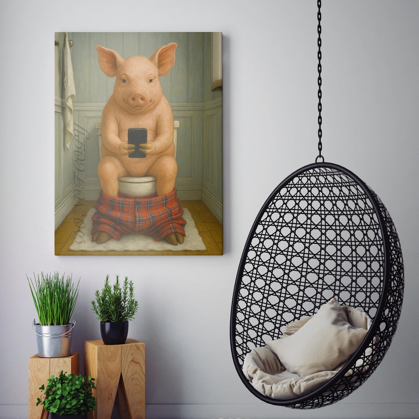 Pig On The Phone On The Toilet