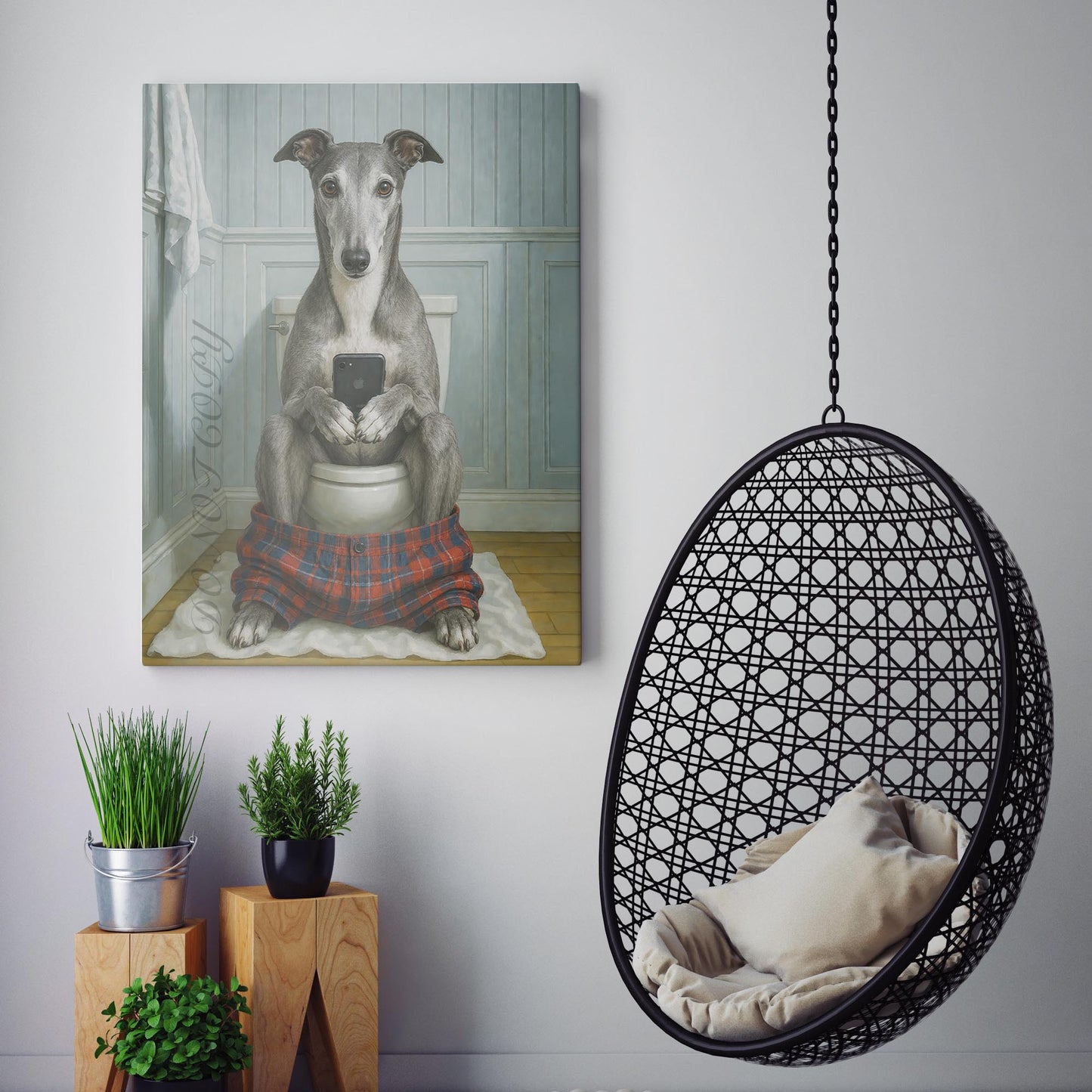 Greyhound Dog On The Phone On The Toilet