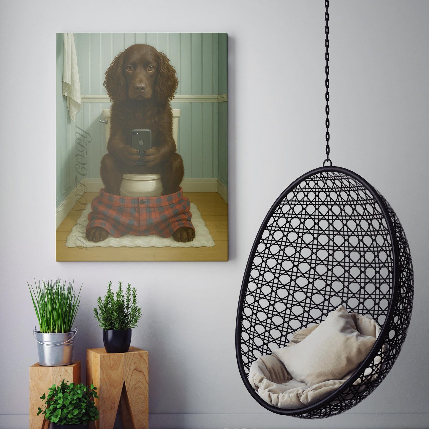 Boykin Spaniel Dog On The Phone On The Toilet