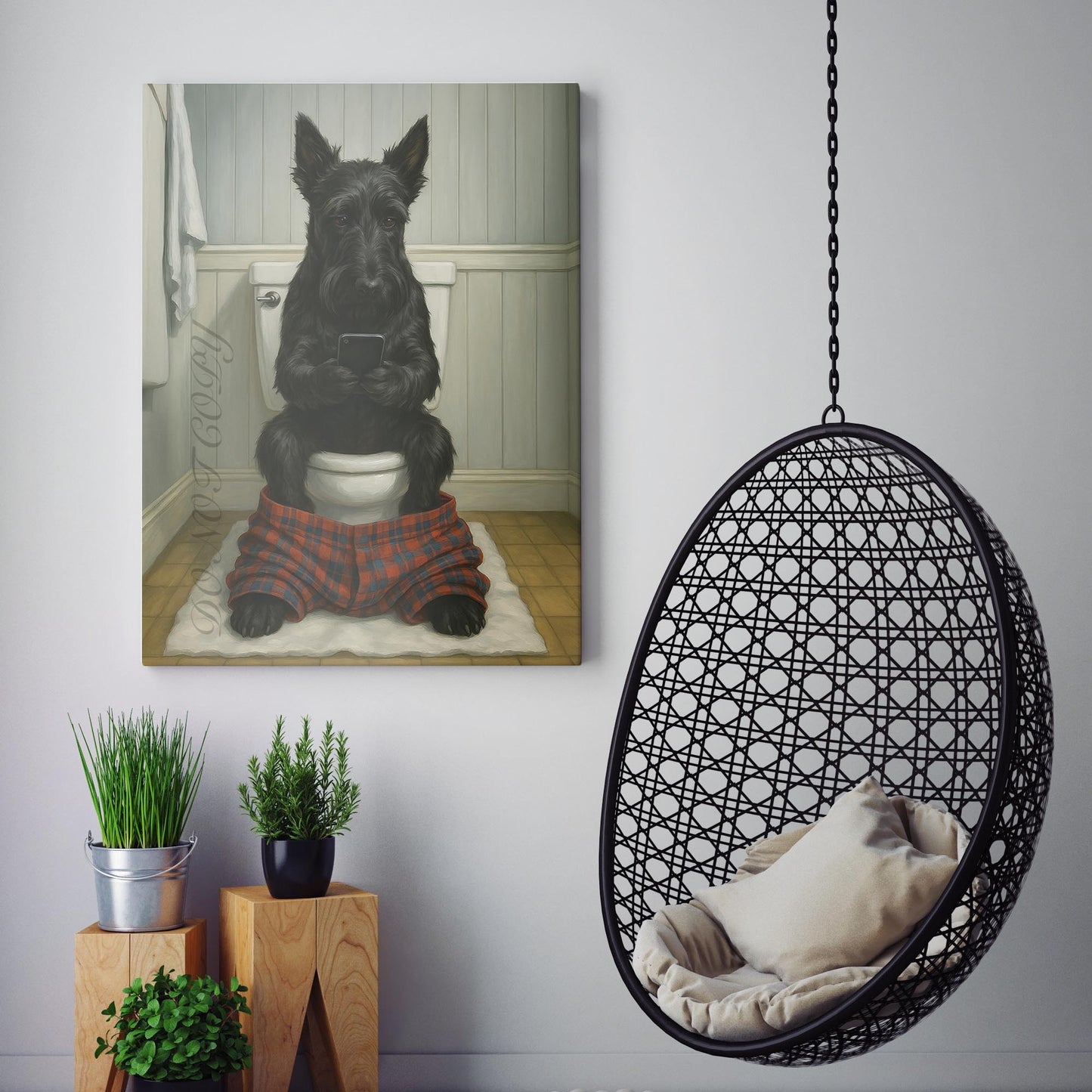Scottish Terrier Dog On The Phone On The Toilet