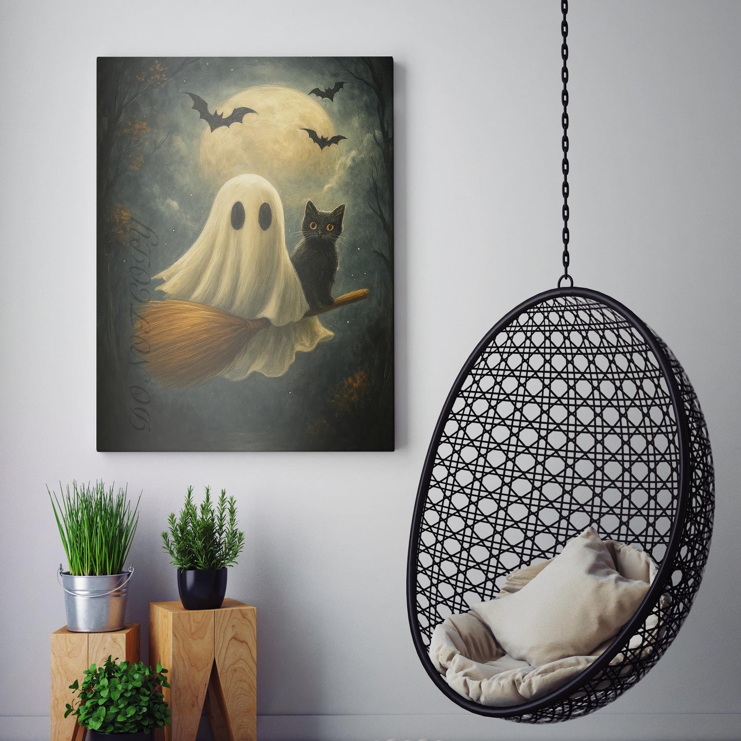 Ghost And Black Cat On A Broomstick