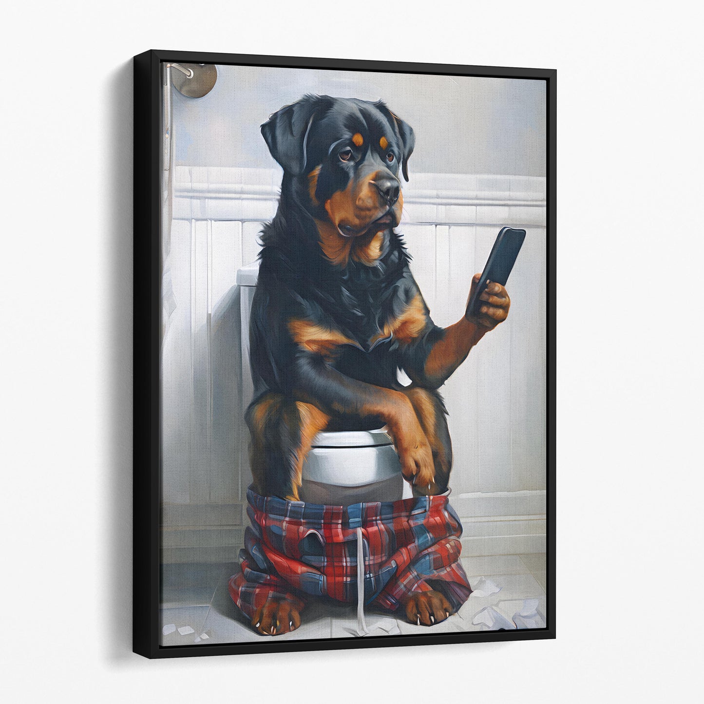 Rottweiler On The Phone On The Toilet