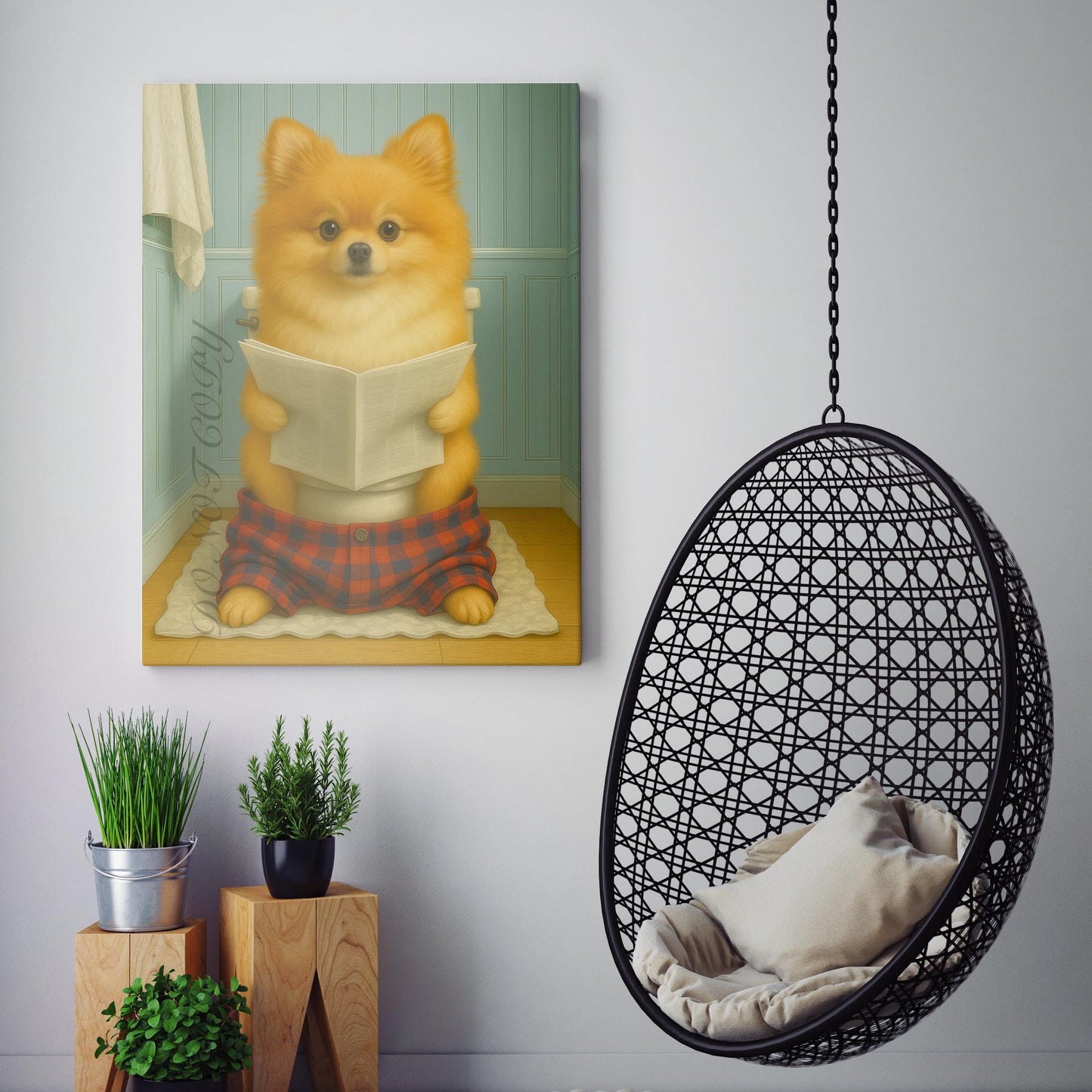 Pomeranian Dog Reading The Newspaper On The Toilet