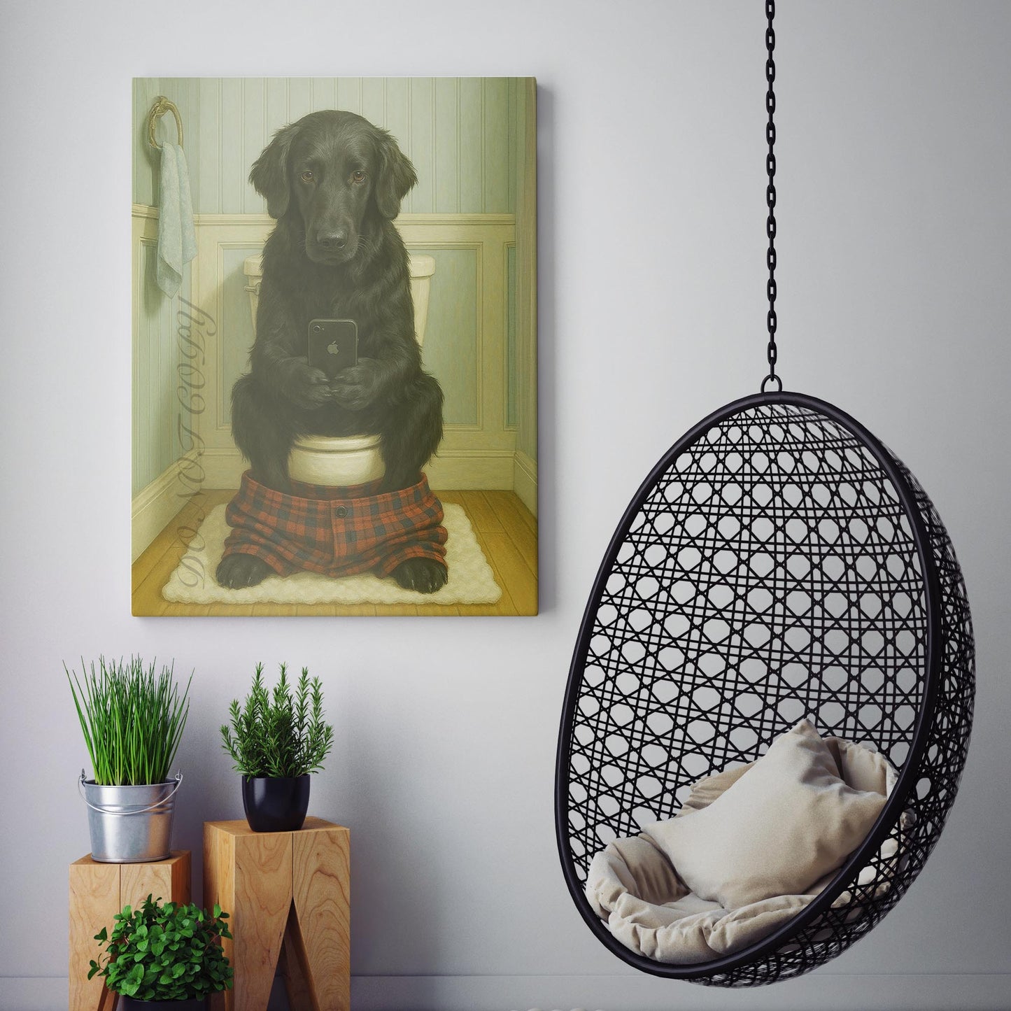 Flat-coated Retriever Dog On The Phone On The Toilet