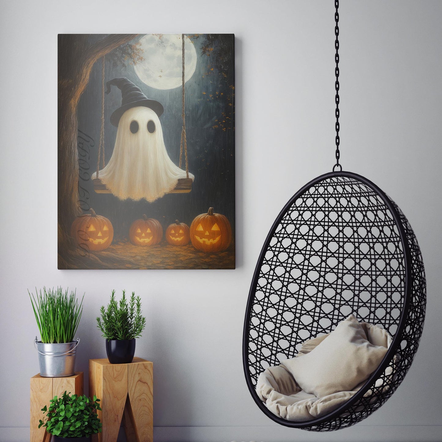 Ghost On A Swing With Pumpkins And Full Moon