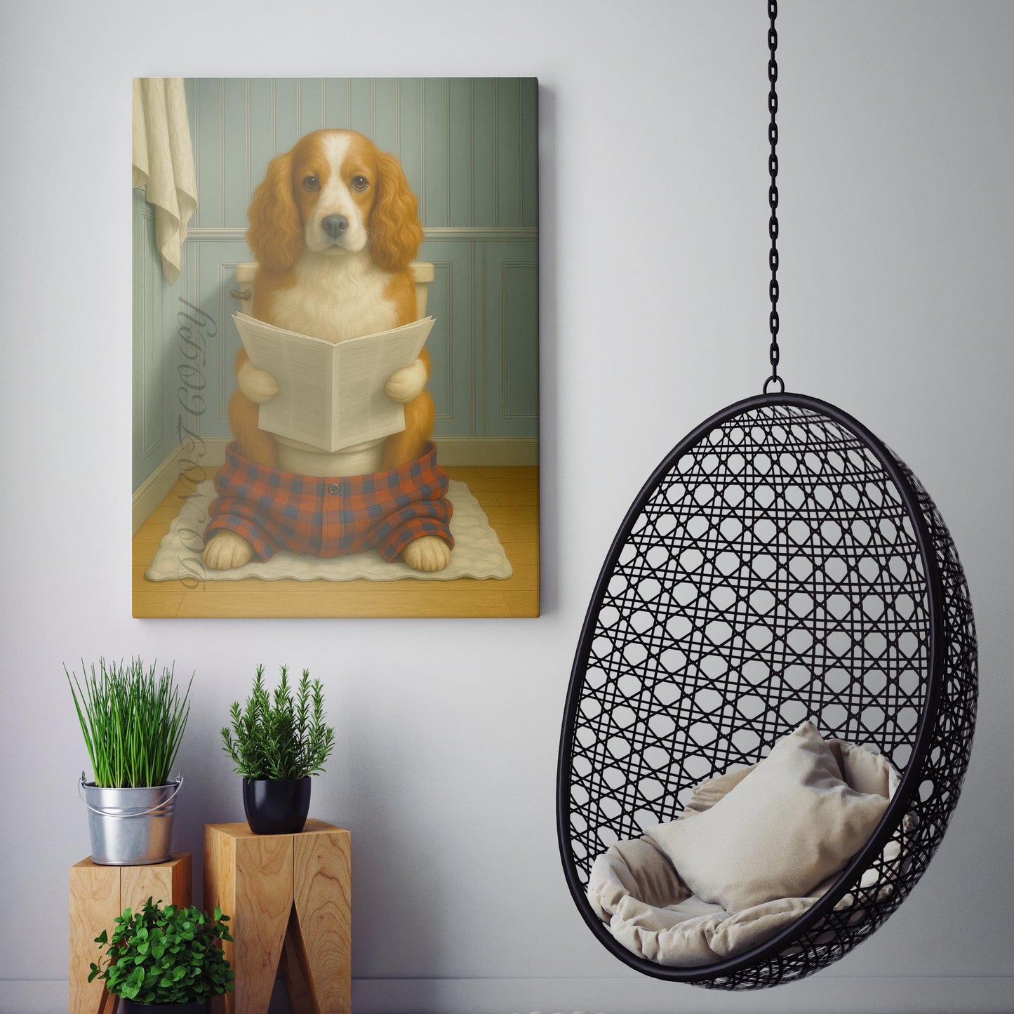 Cocker Spaniel Dog Reading The Newspaper On The Toilet