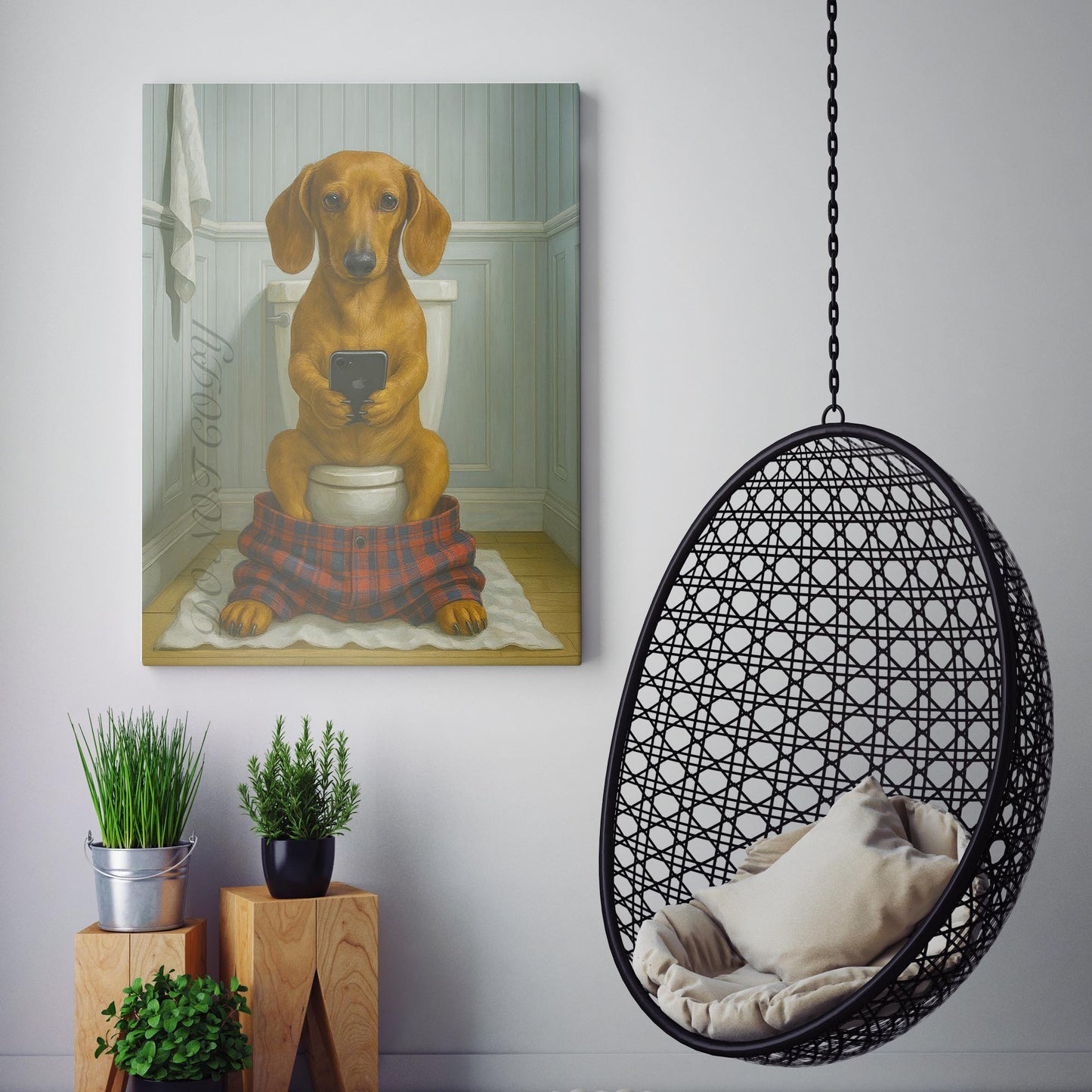 Dachshund Dog On The Phone On The Toilet