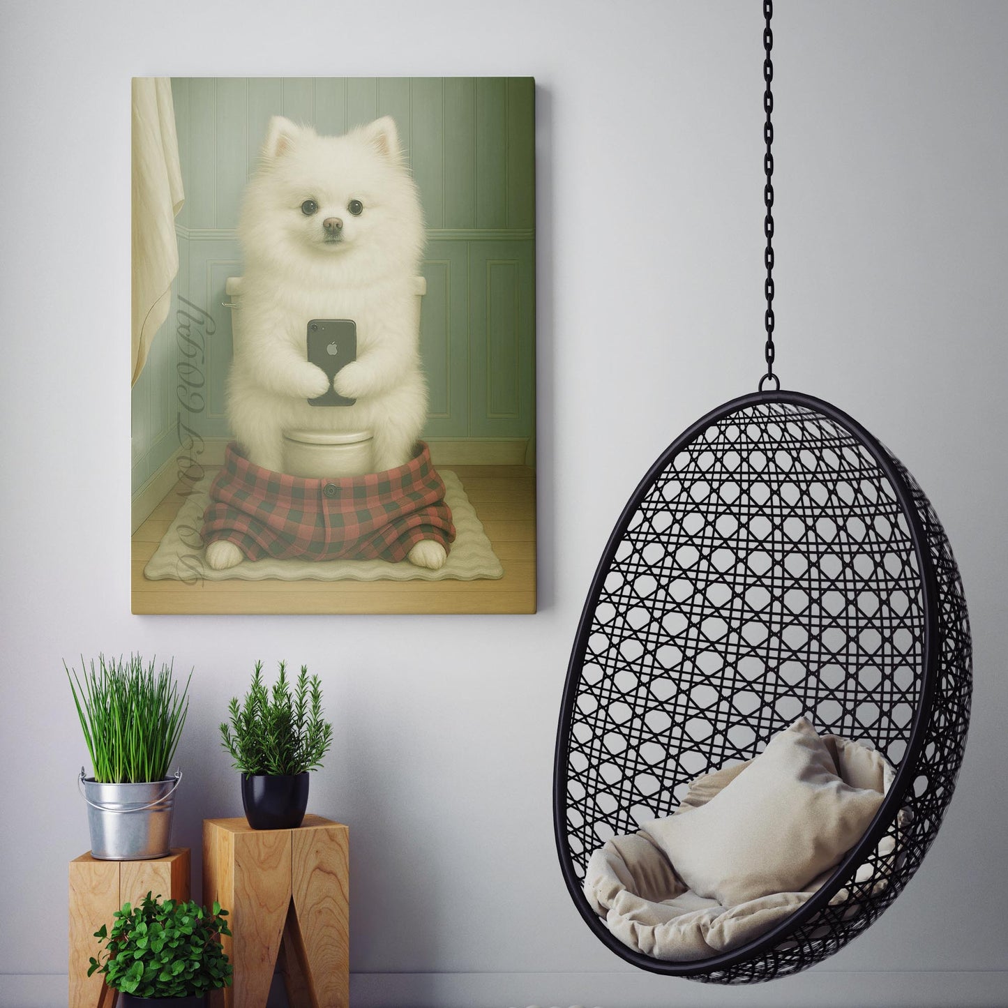 White Pomeranian Dog On The Phone On The Toilet