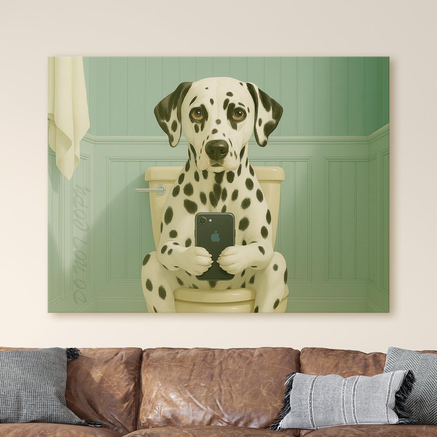 Dalmatian Dog On The Phone On The Toilet