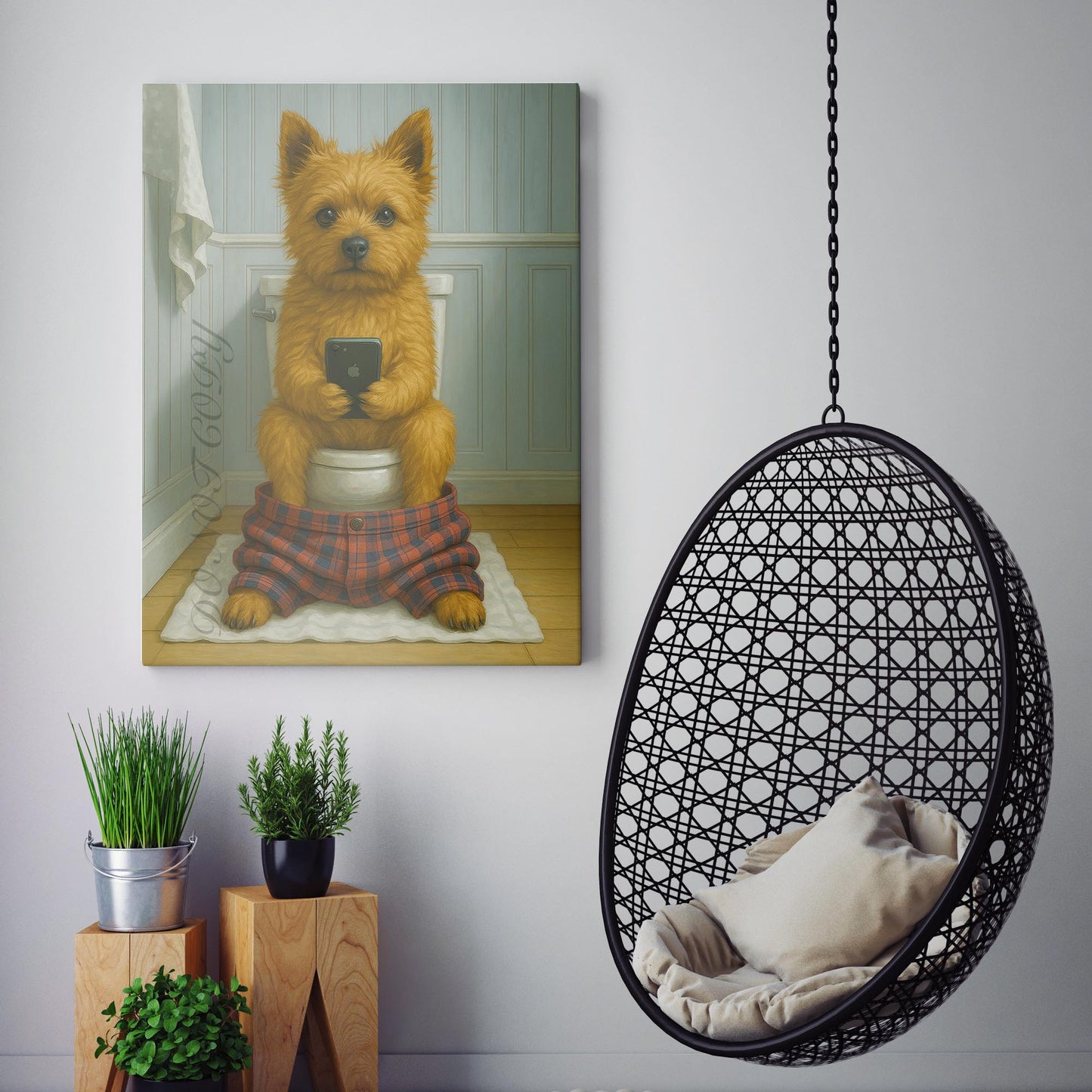 Norwich Terrier Dog On The Phone On The Toilet