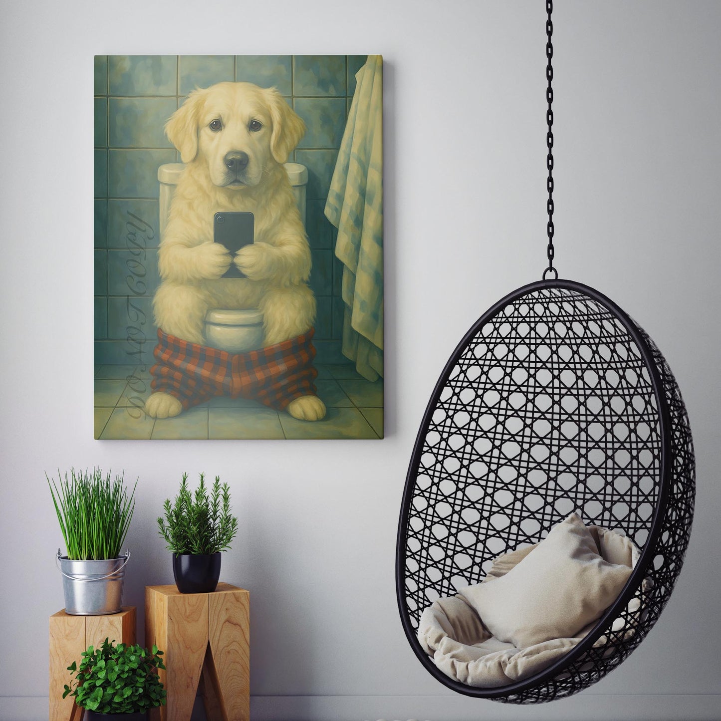 English Cream Golden Retriever On The Phone On The Toilet