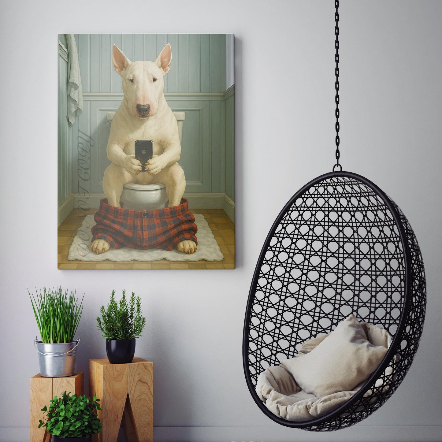 Bull Terrier Dog On The Phone On The Toilet