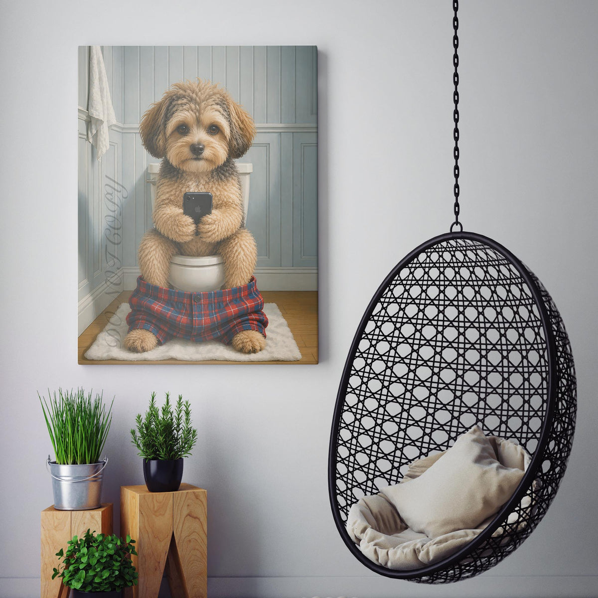 Yorkipoo Dog On The Phone On The Toilet