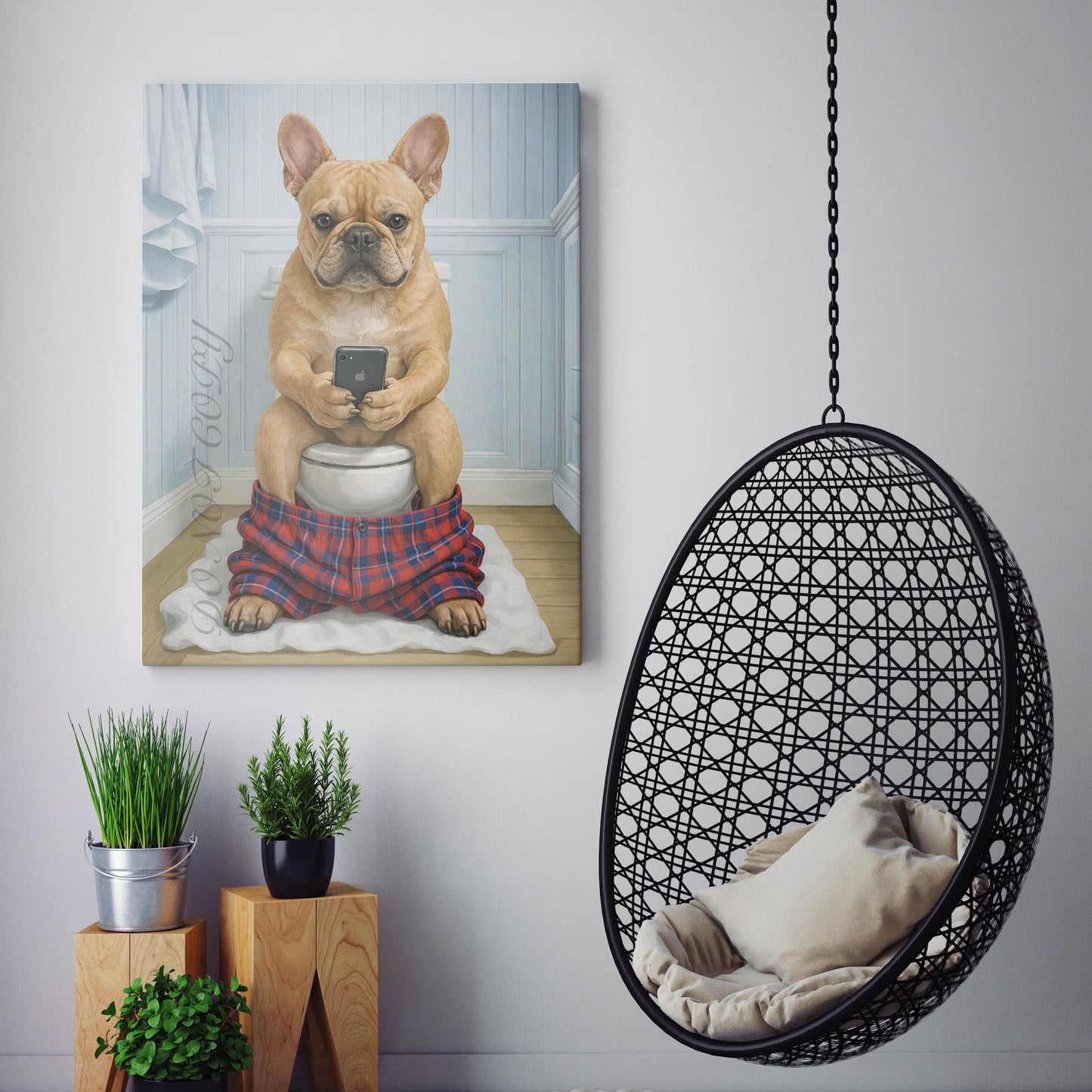Fawn French Bulldog On The Phone On The Toilet