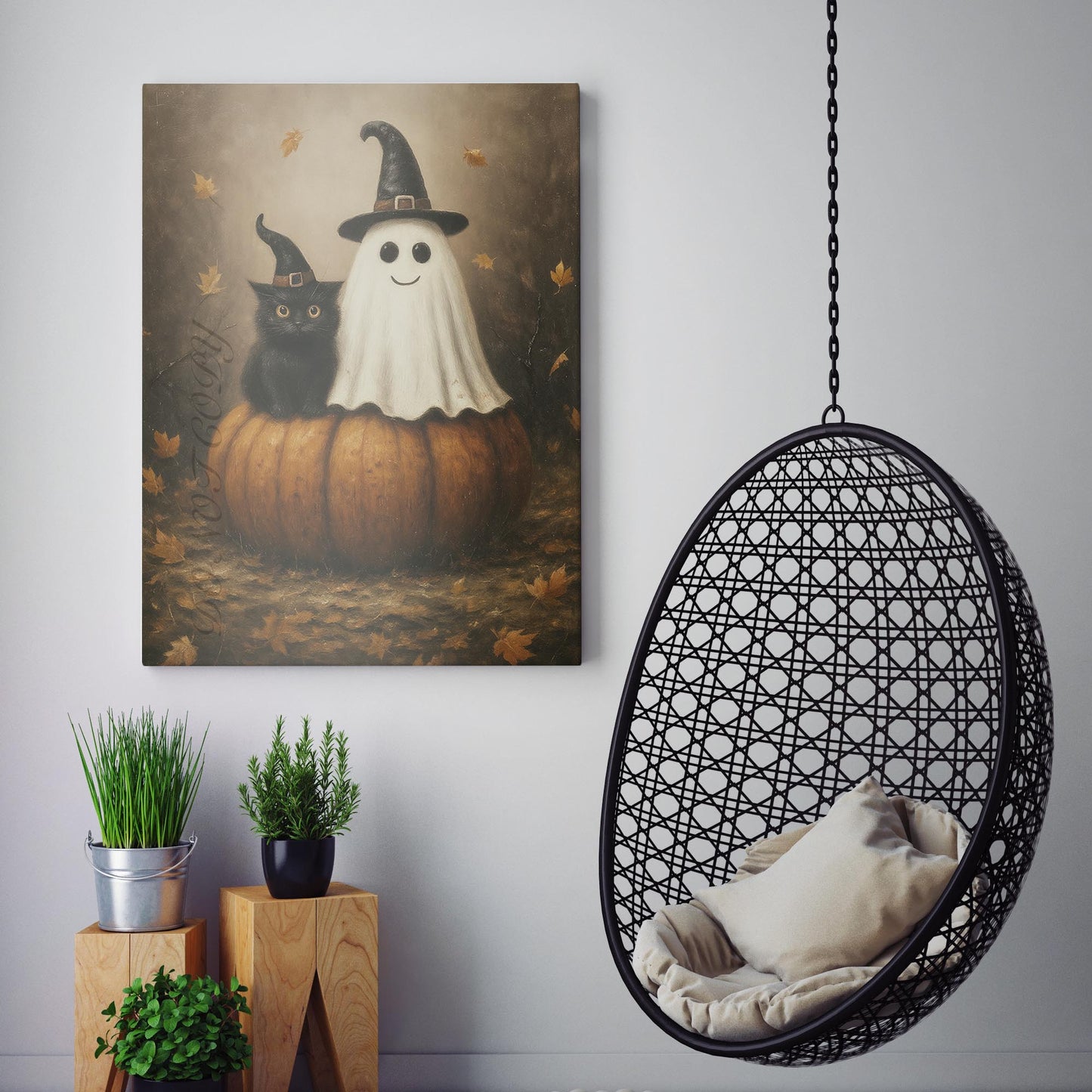 Ghost And Black Cat On A Giant Pumpkin