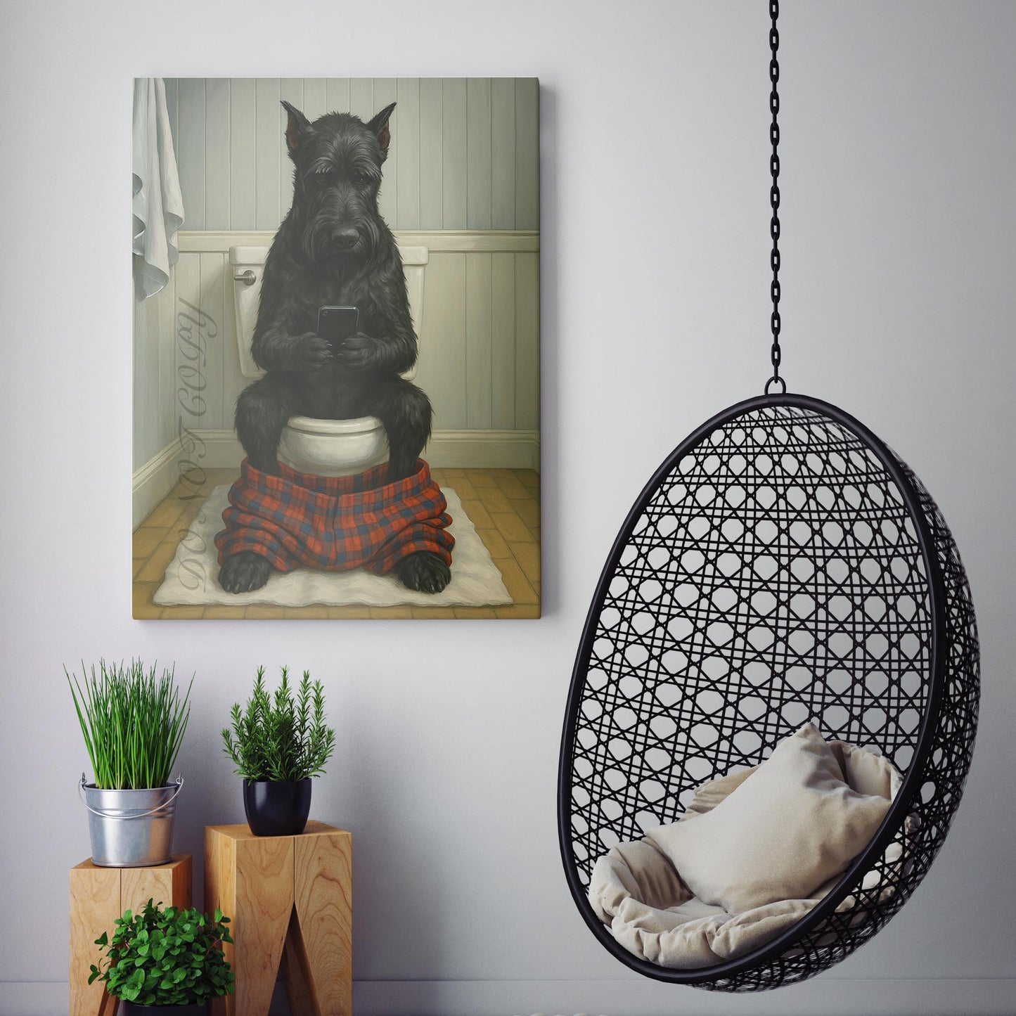 Giant Schnauzer Dog On The Phone On The Toilet