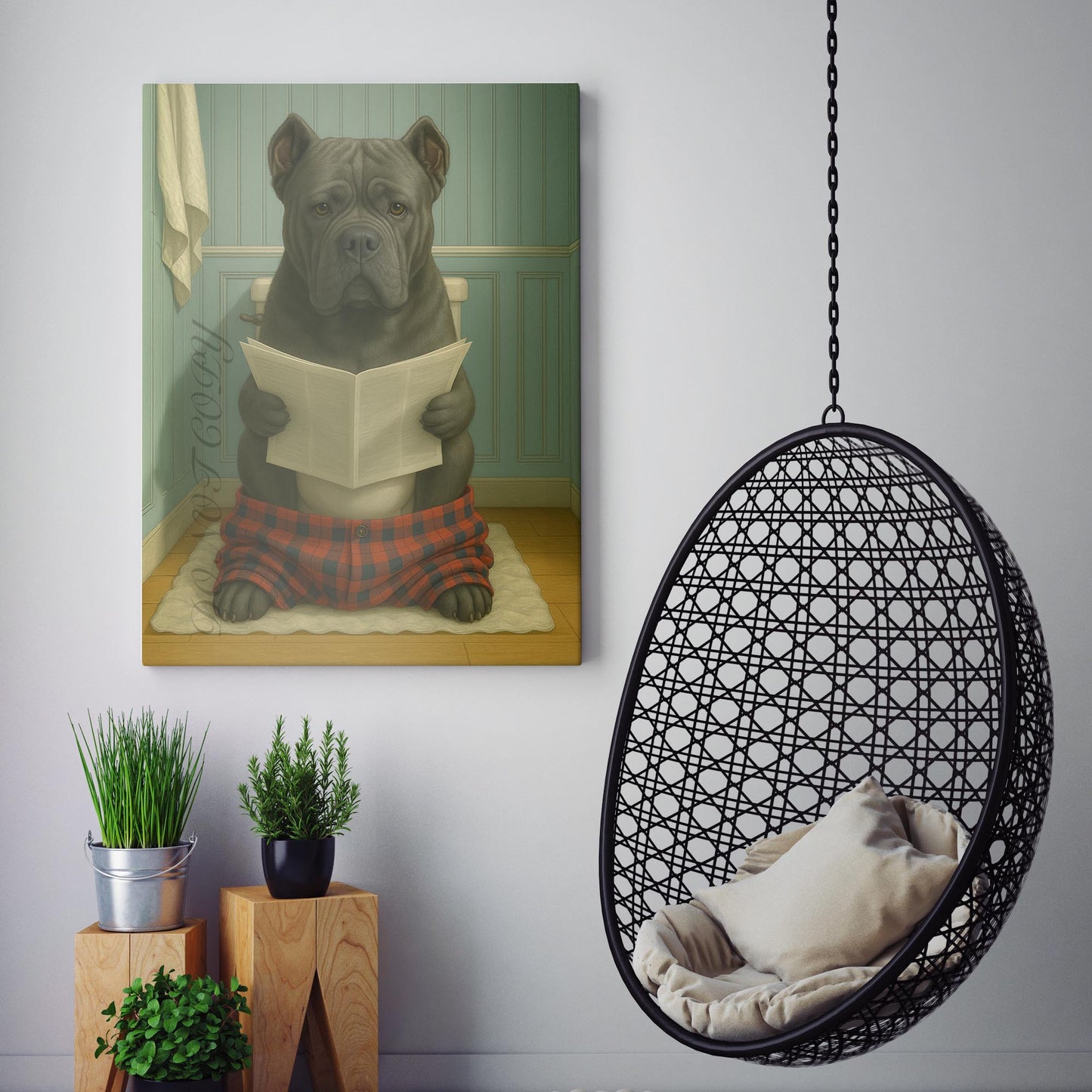 Cane Corso Dog Reading The Newspaper On The Toilet