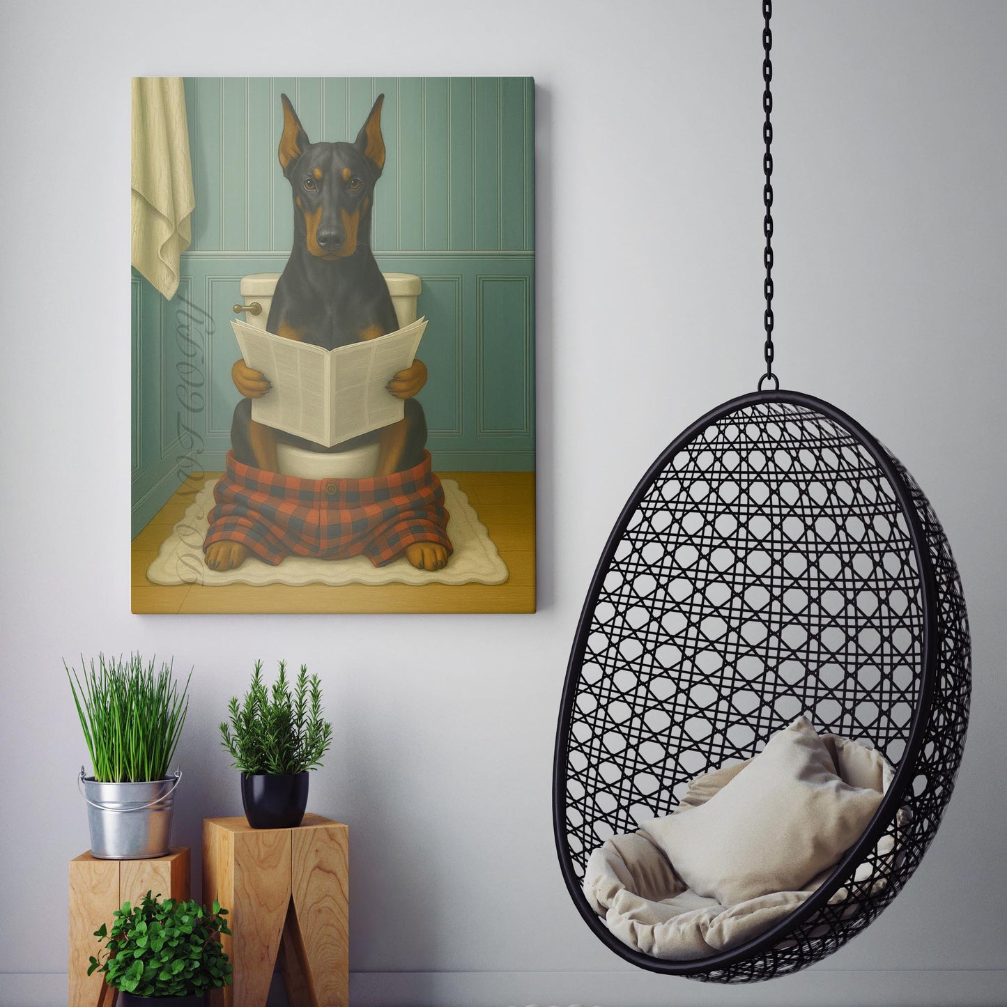 Dobermann Dog Reading The Newspaper On The Toilet