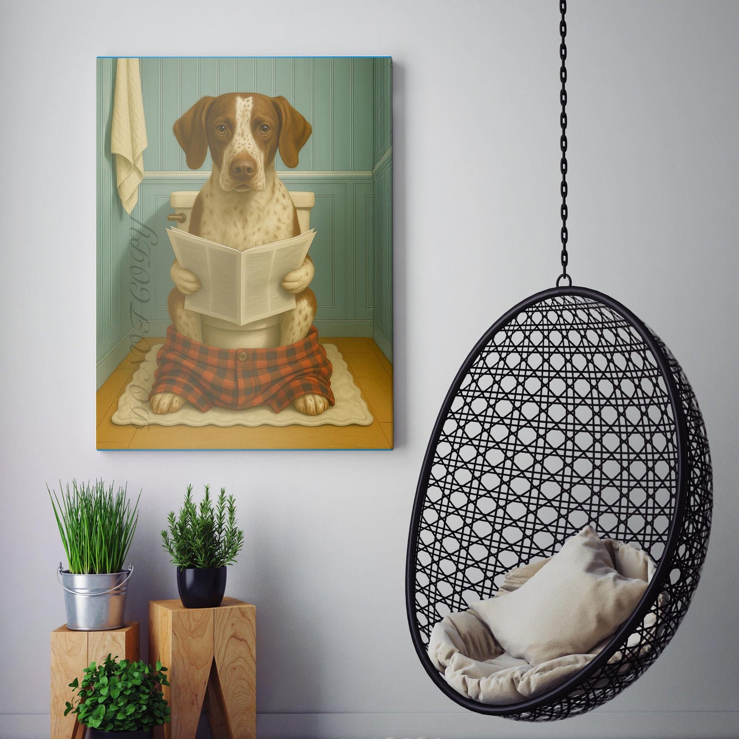 German Short Haired Pointer Dog Reading The Newspaper On The Toilet