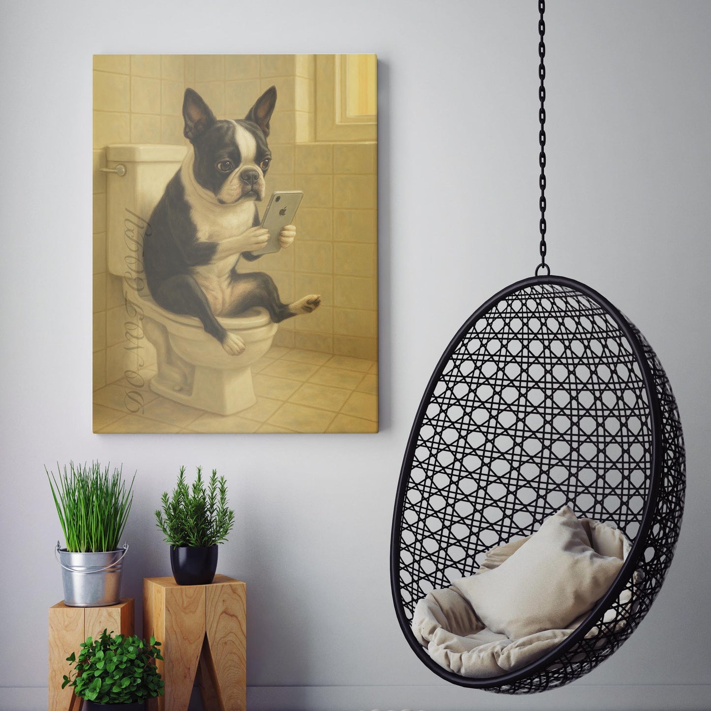 Boston Terrier Dog On The Phone On The Toilet