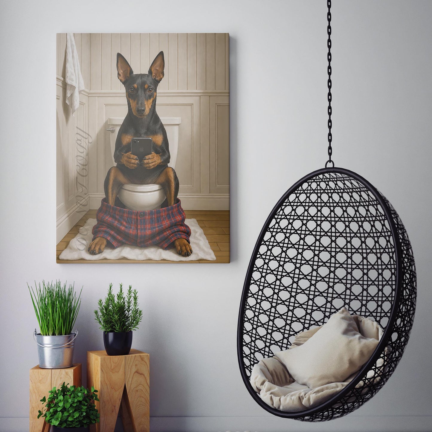 Manchester Terrier Dog On The Phone On The Toilet