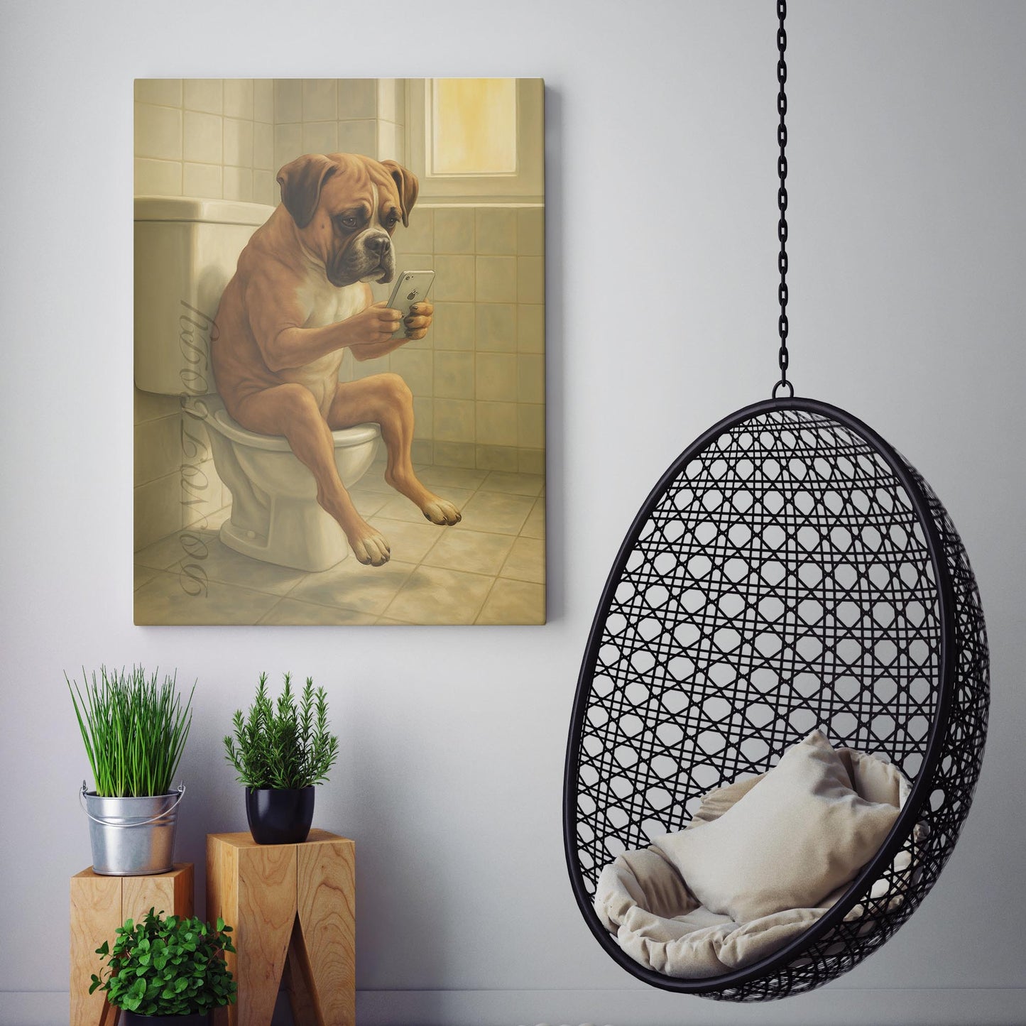 Boxer Dog On The Phone On The Toilet