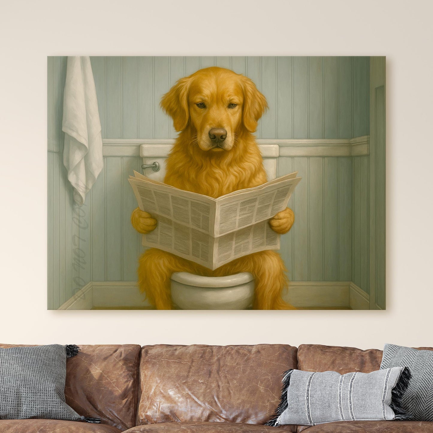 Golden Retriever Reading The Newspaper On The Toilet