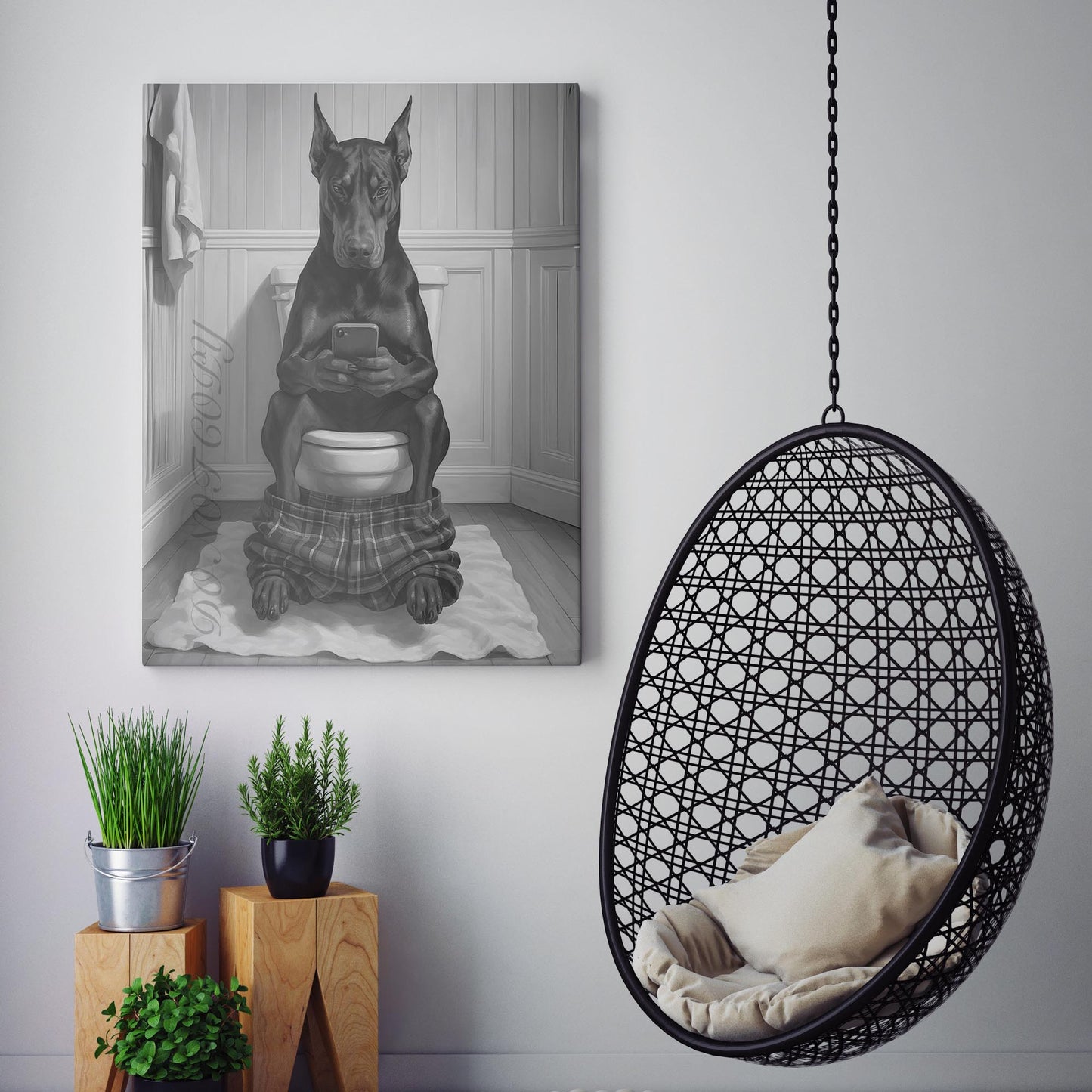 Dobermann Dog On The Phone On The Toilet