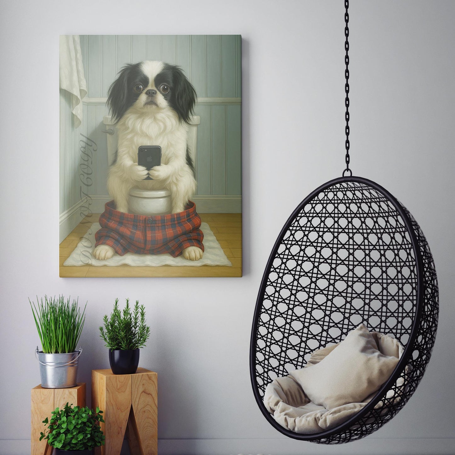 Japanese Chin Dog On The Phone On The Toilet