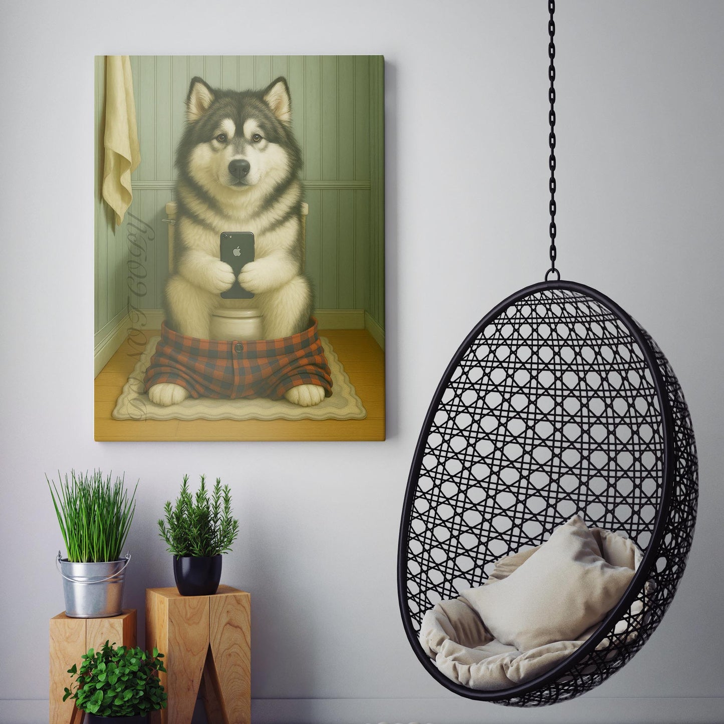 Alaskan Malamute On The Phone On The Toilet