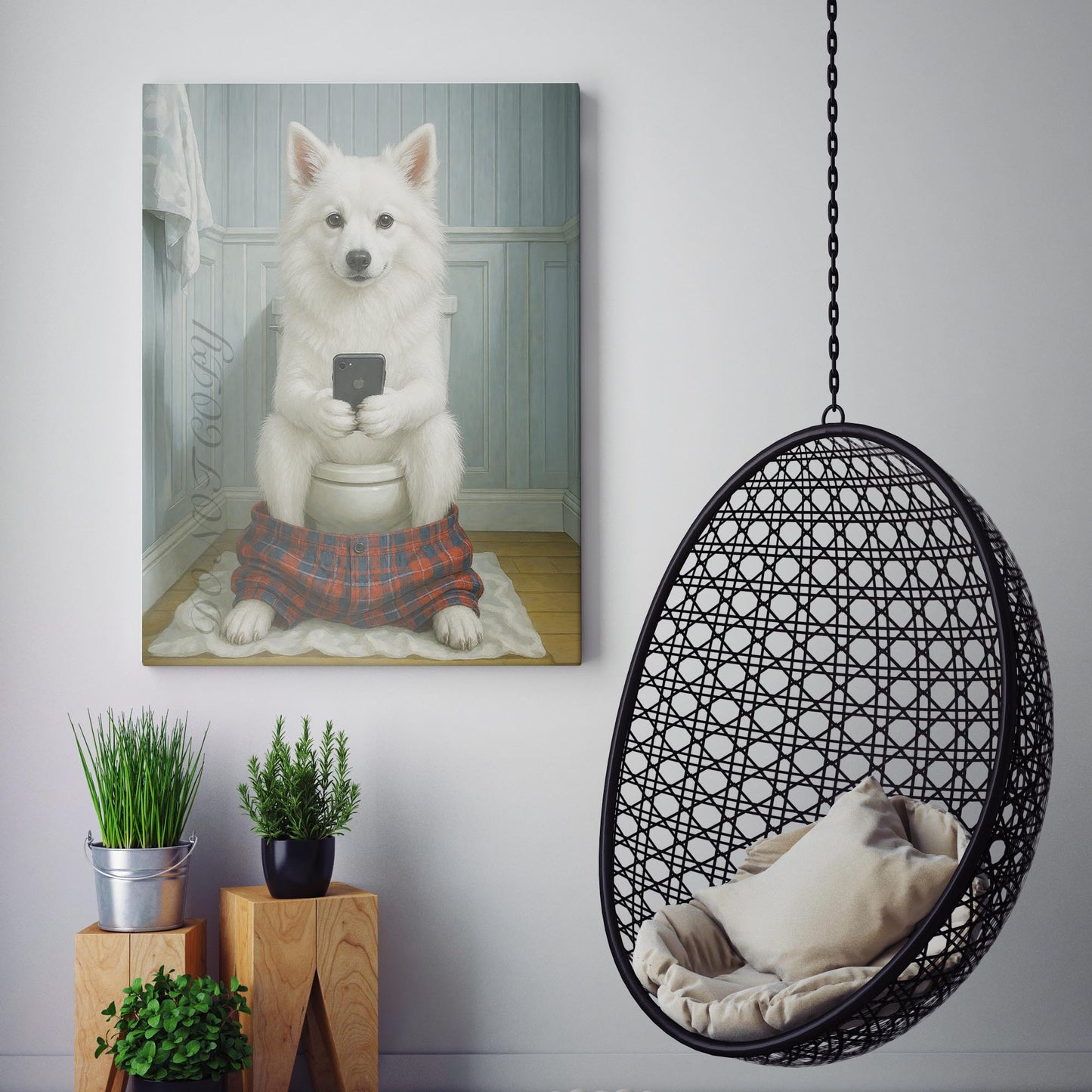 American Eskimo Dog On The Phone On The Toilet