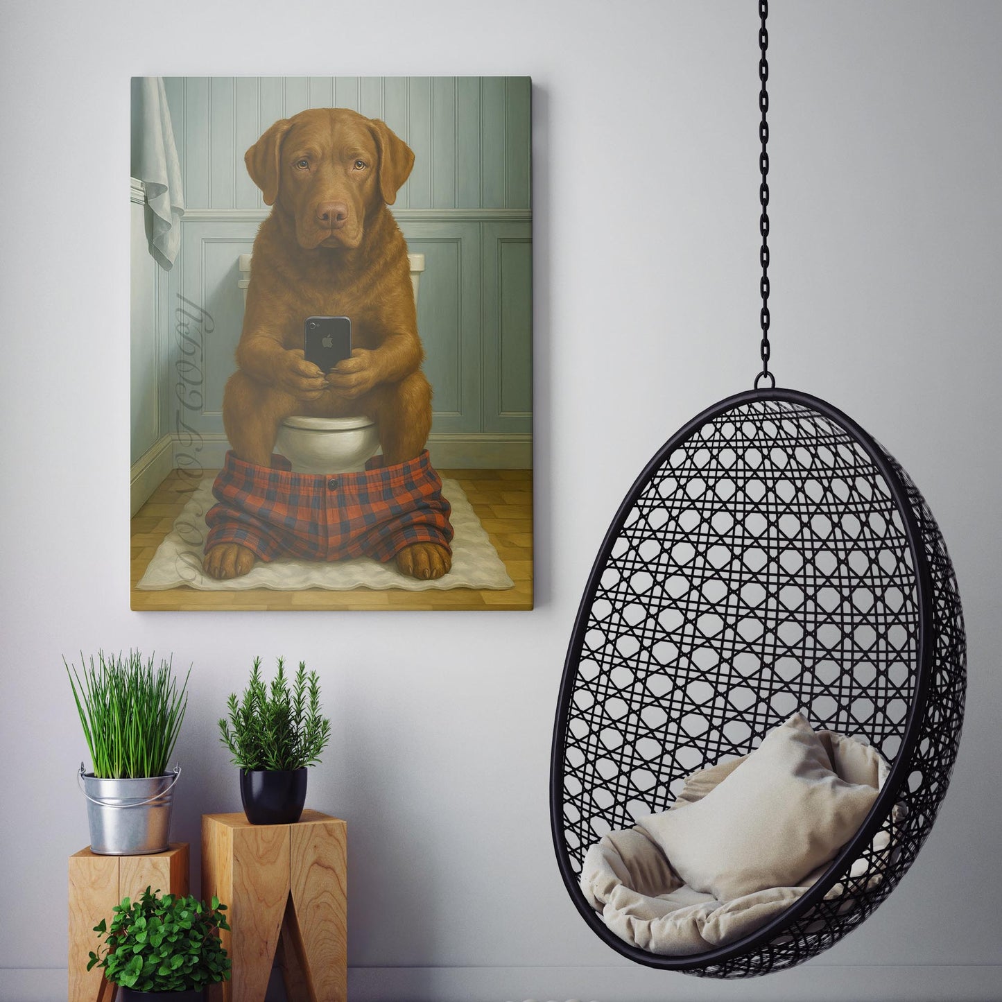 Chesapeake Bay Retriever Dog On The Phone On The Toilet