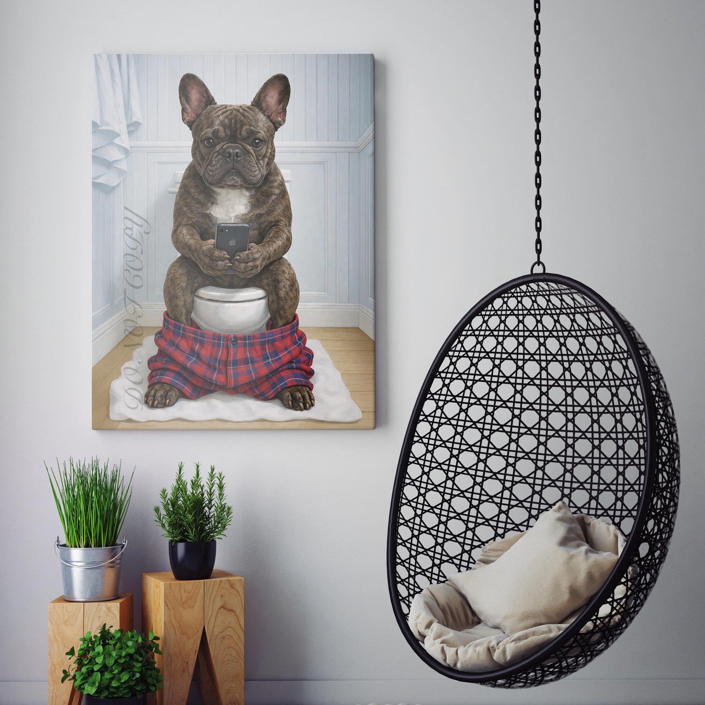 Brindle French Bulldog On The Phone On The Toilet