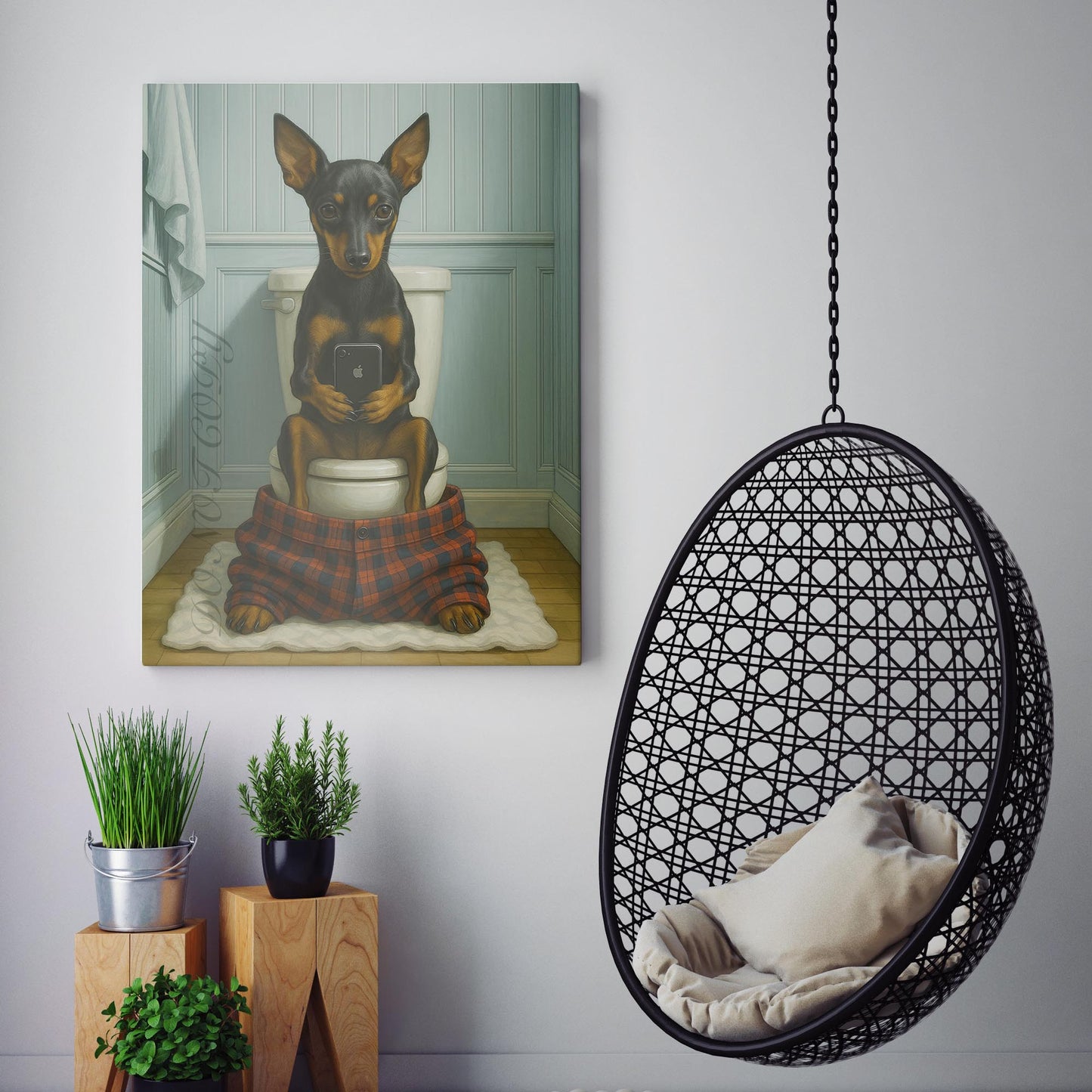 Miniature Pinscher Dog On The Phone On The Toilet