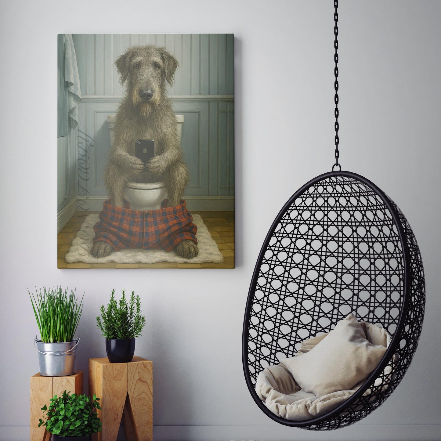 Irish Wolfhound Dog On The Phone On The Toilet